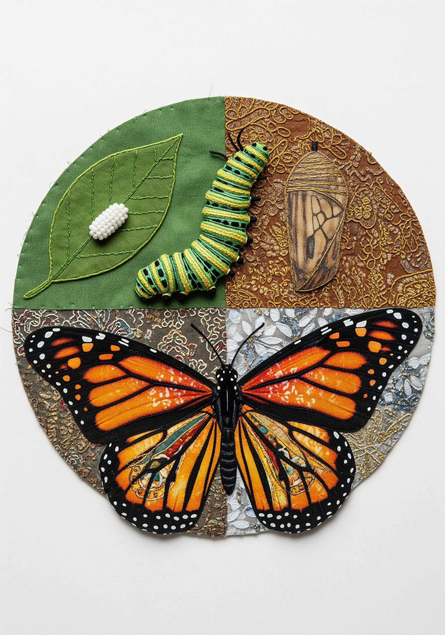 Circular collage depicting the four stages of a butterfly's life cycle using varied techniques.