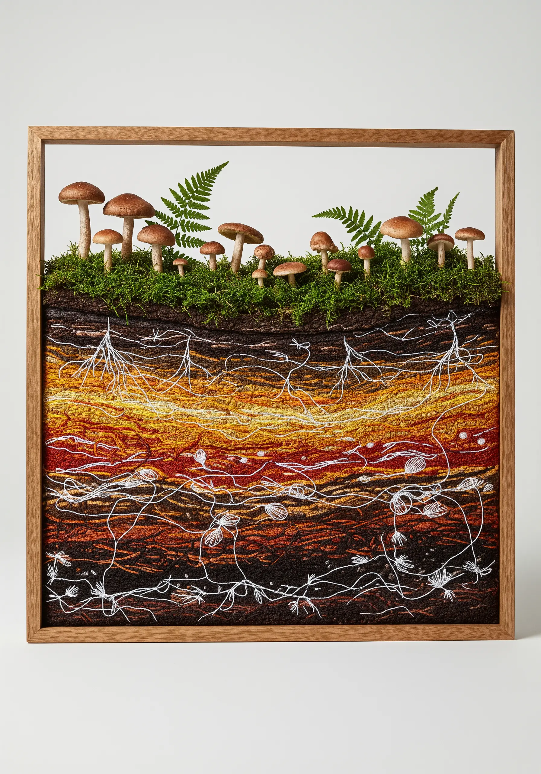Mixed-media art of a soil cross-section with embroidered roots and real moss.