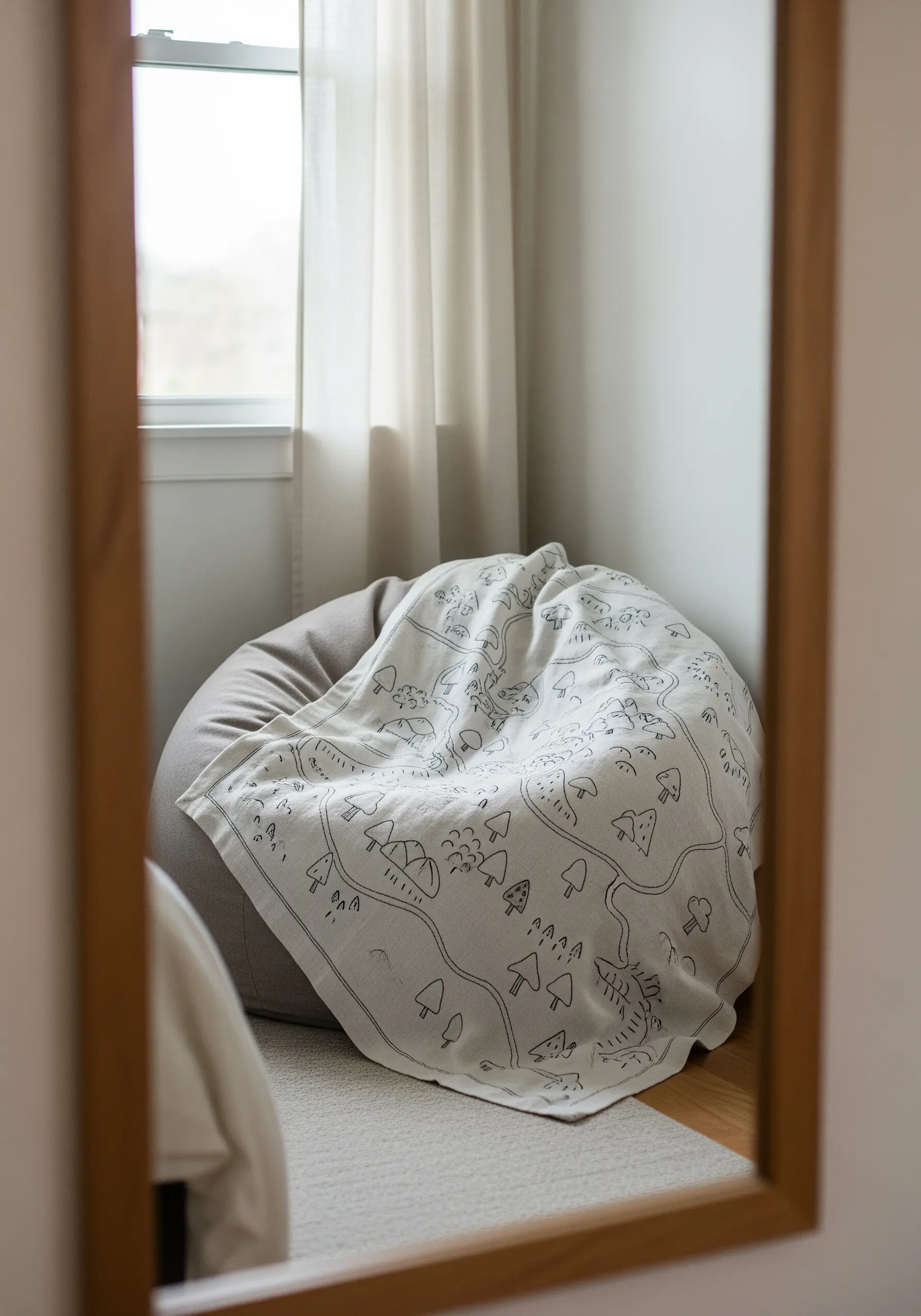 A light-colored throw blanket draped over a beanbag, featuring a simple line-art map design.