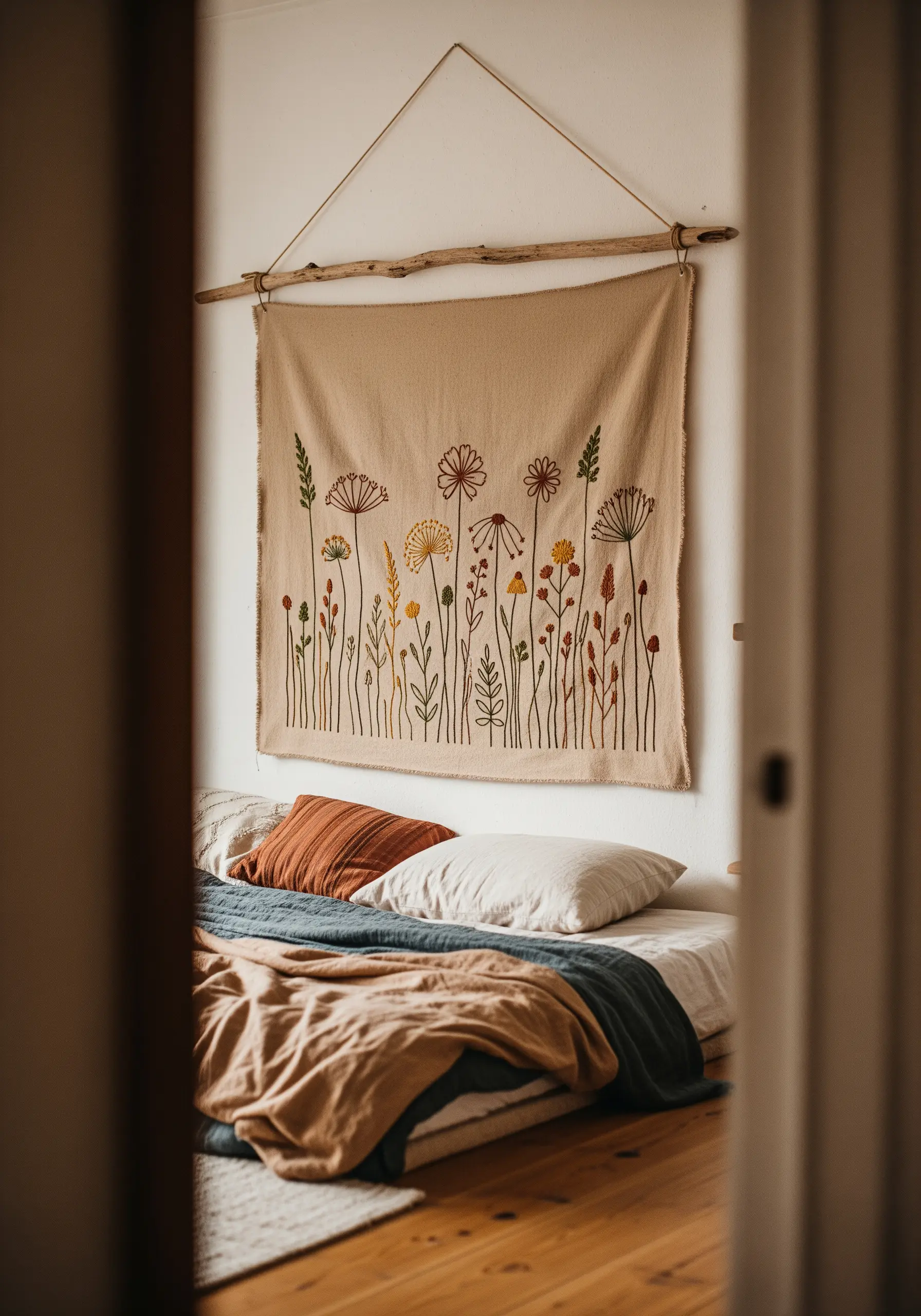A large beige fabric wall hanging featuring embroidered wildflowers in a row.