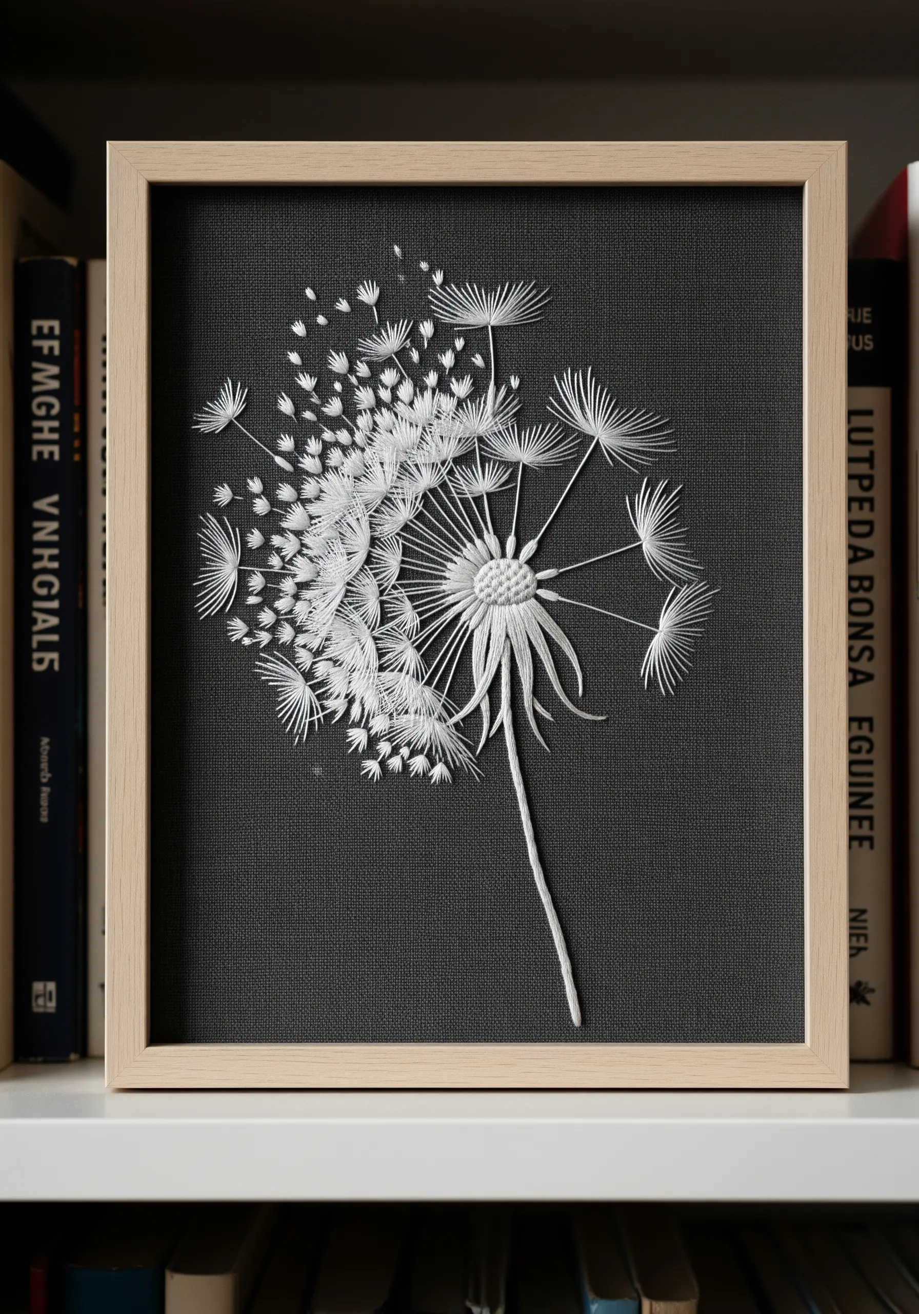 Framed embroidery of a dandelion head with seeds blowing away, stitched in white on black fabric.