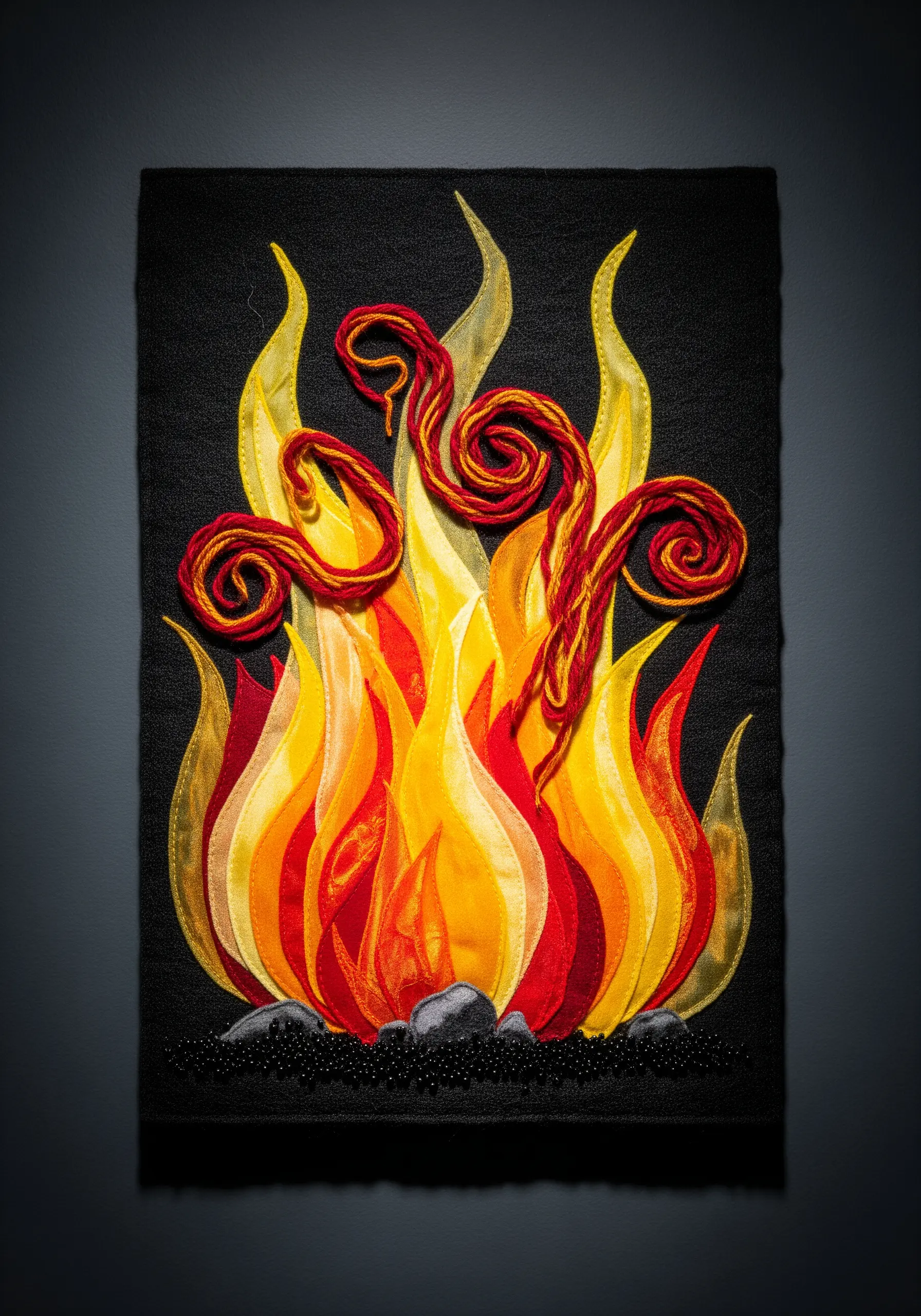 A fiber art piece of vibrant flames made with layered and twisted red, orange, and yellow ribbon.