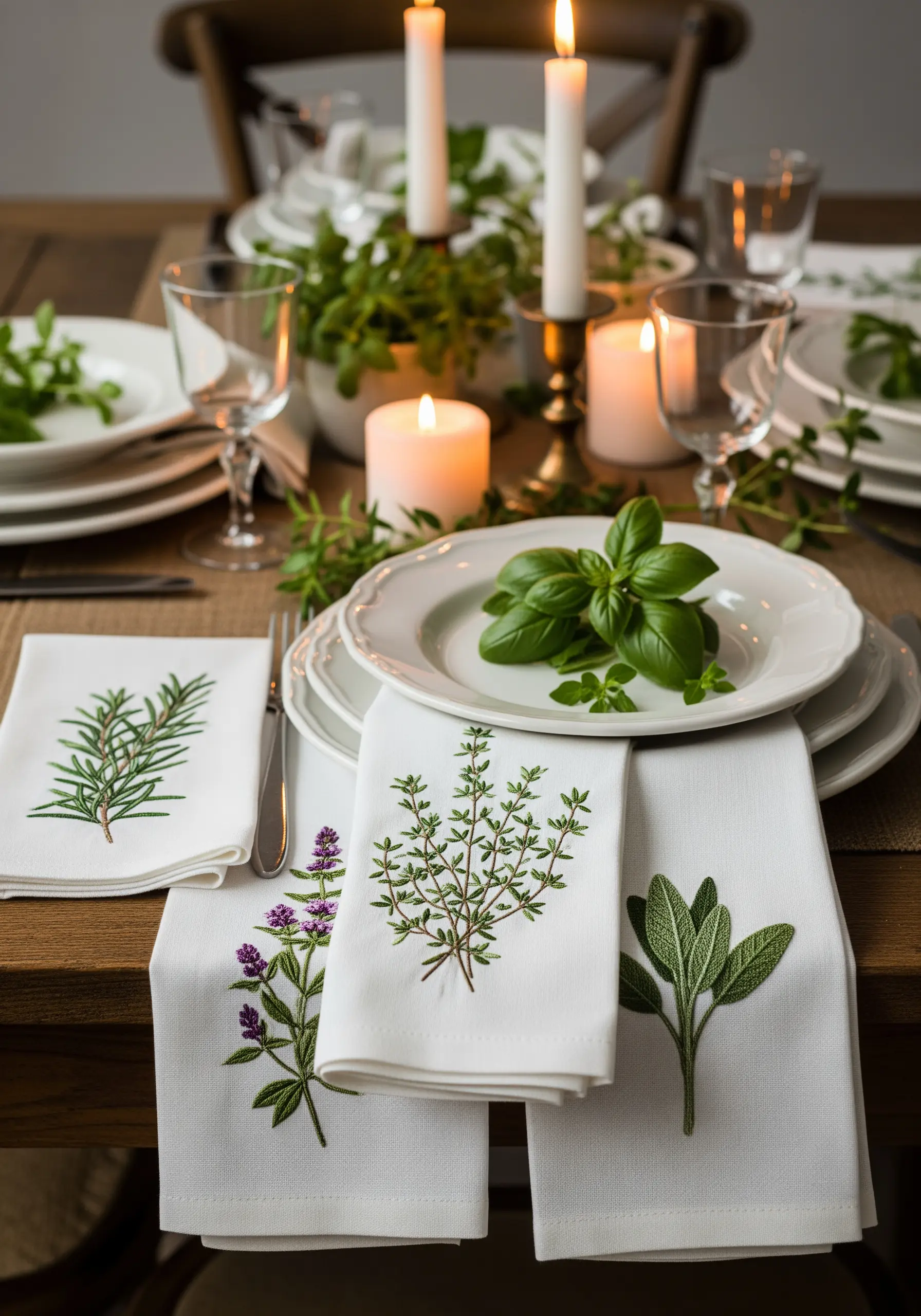 Delicately embroidered herbs like rosemary, thyme, and sage on white linen napkins.