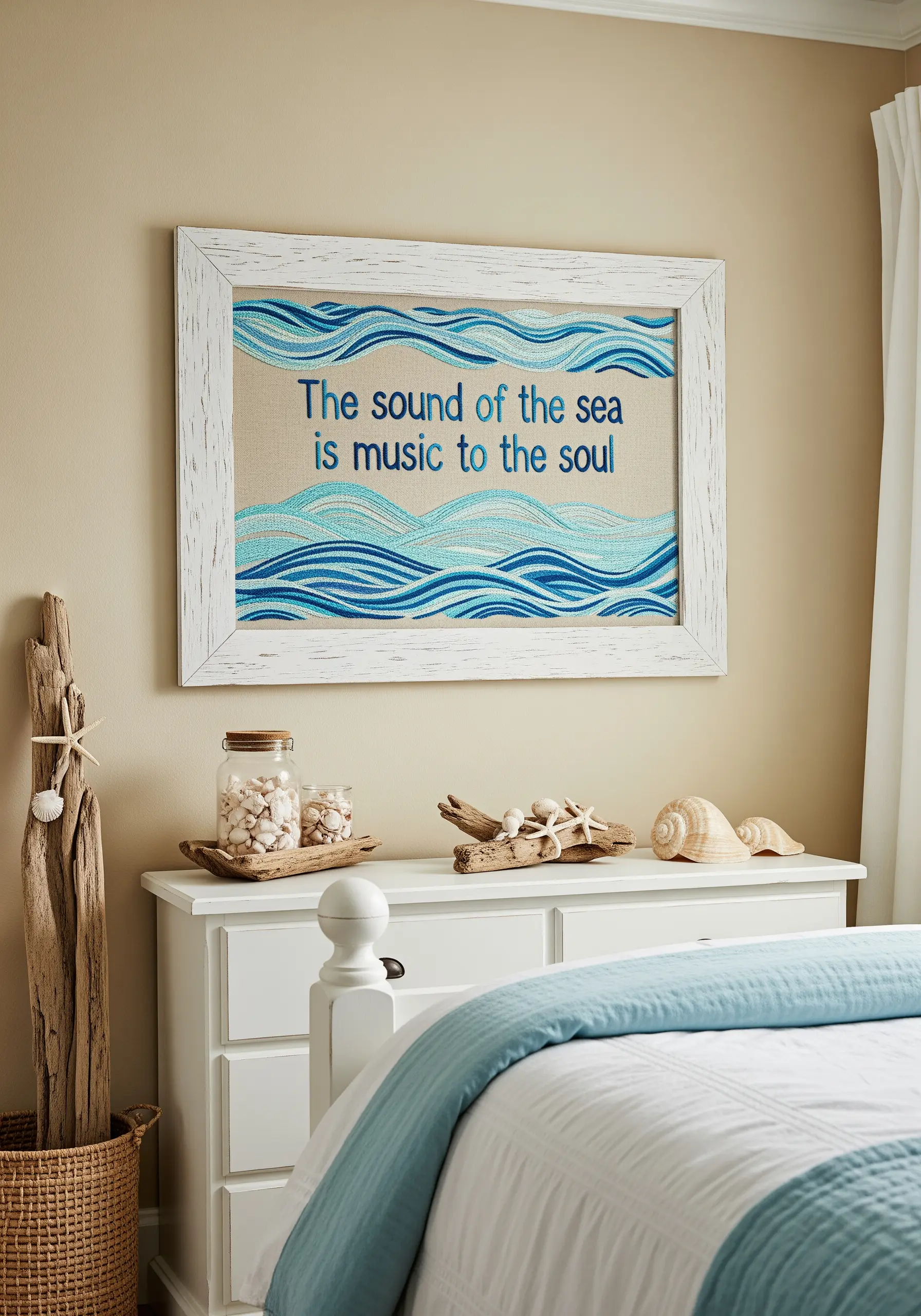 An embroidered quote about the sea with stitched blue and white wave patterns.