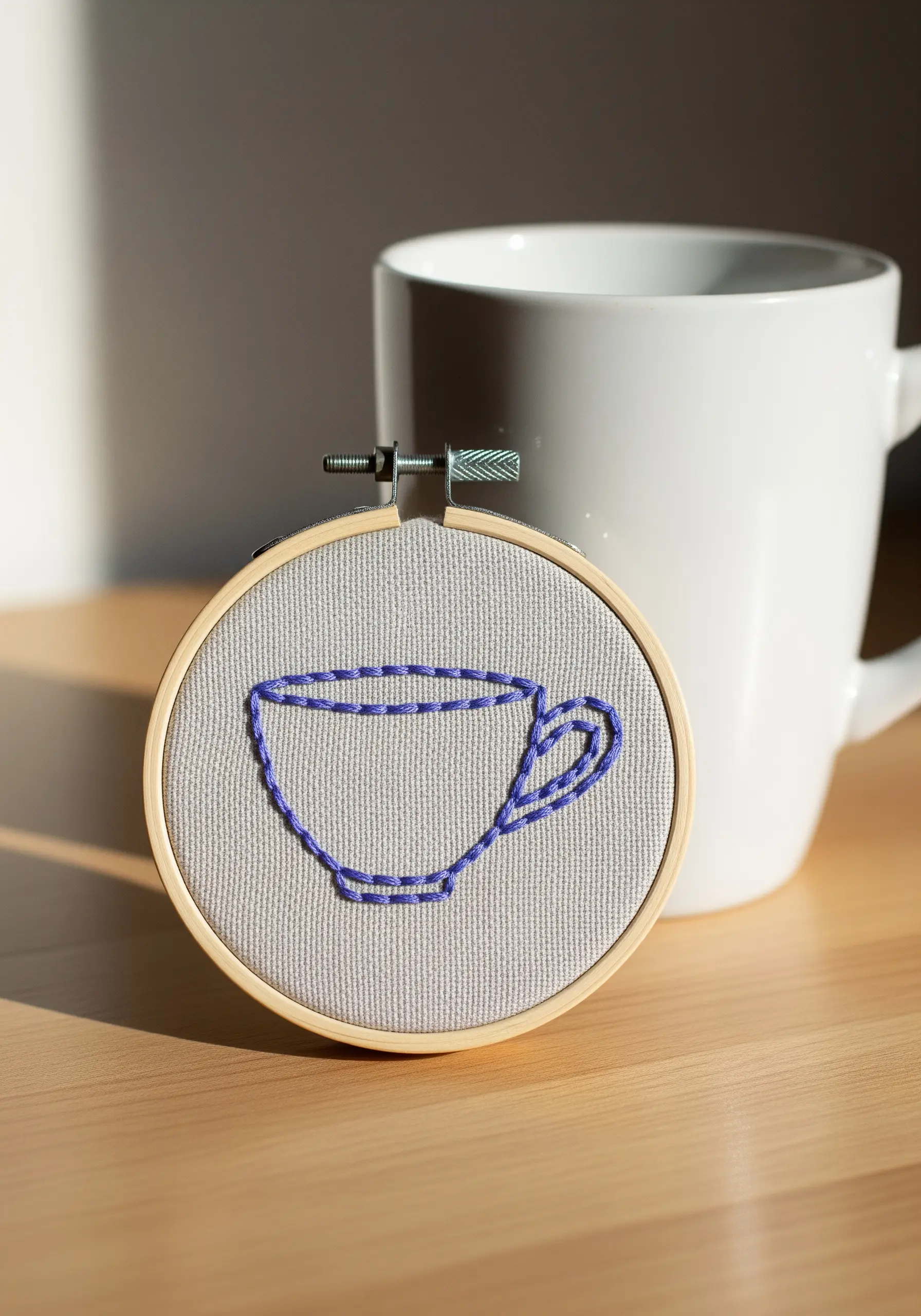 Outline of a coffee cup in variegated purple thread on light gray fabric.