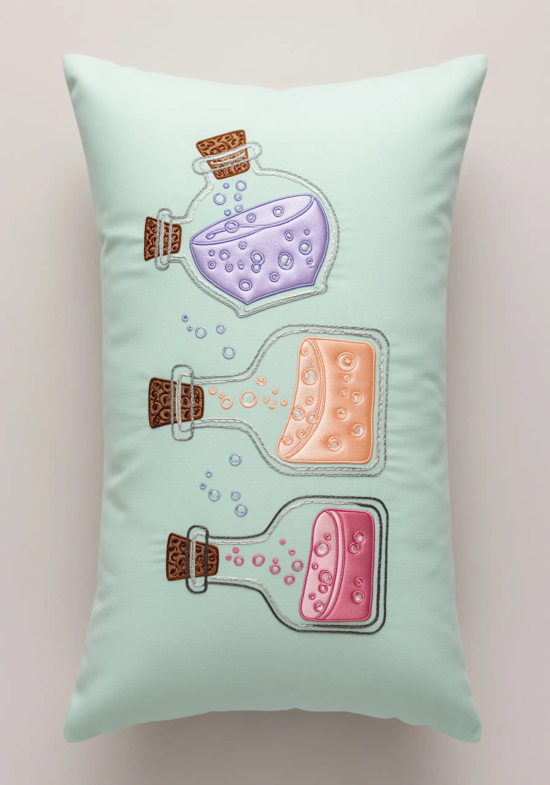 Three embroidered potion bottles with colorful, bubbly liquid on a mint pillow.