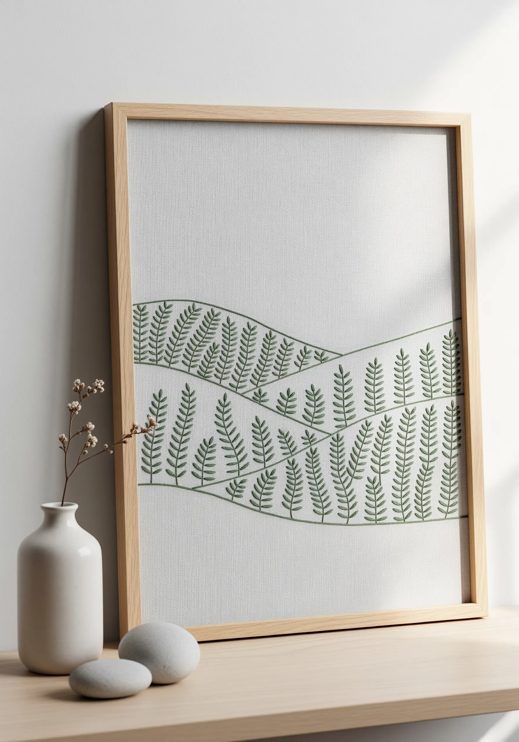 Minimalist framed embroidery showing rows of simple fern stitches on rolling contour lines.