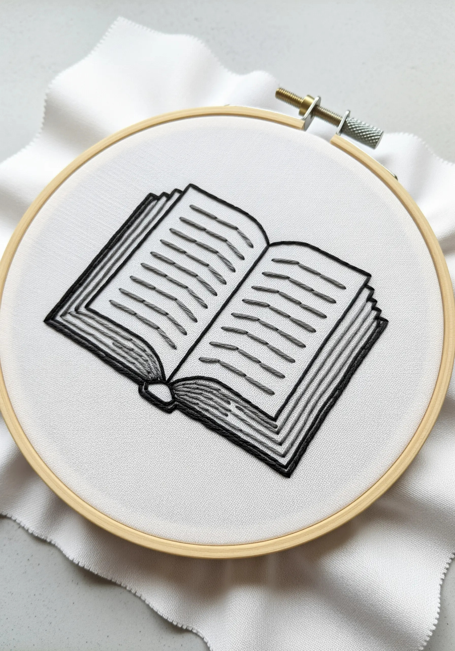 A black line art embroidery of an open book with varying line thicknesses.