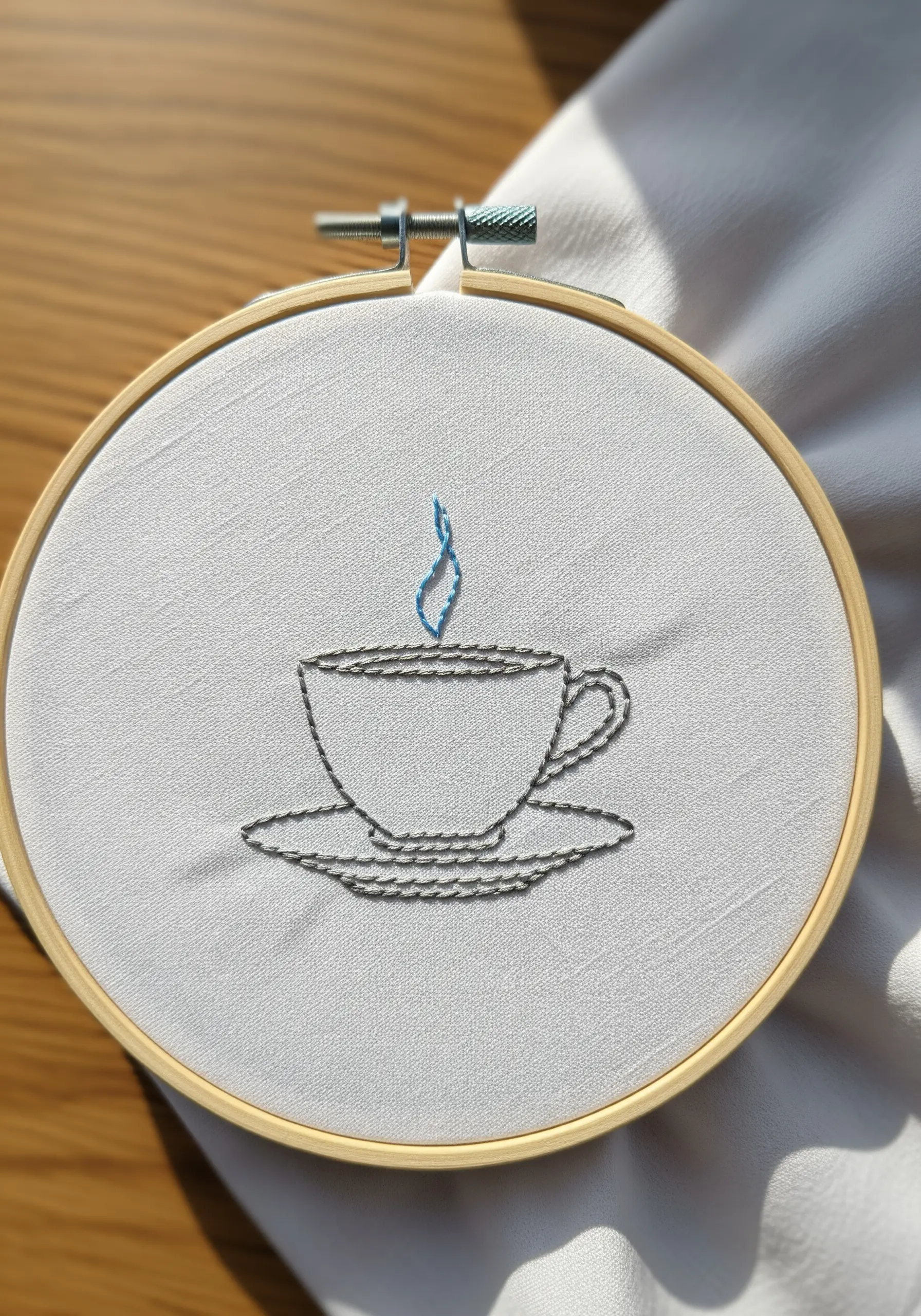 A line-art coffee cup stitched in gray, with a small wisp of blue steam.