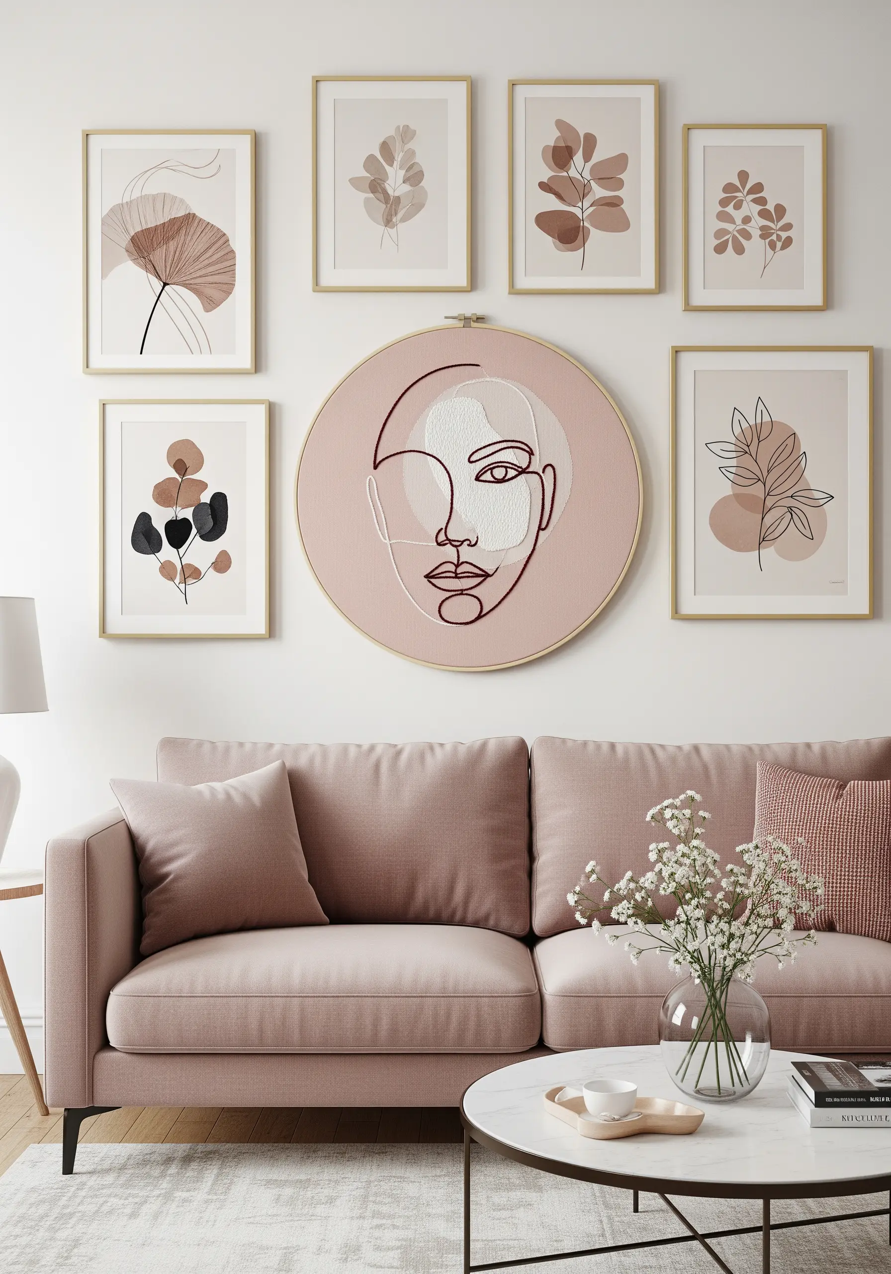 Large embroidery hoop with a single-line abstract face portrait.
