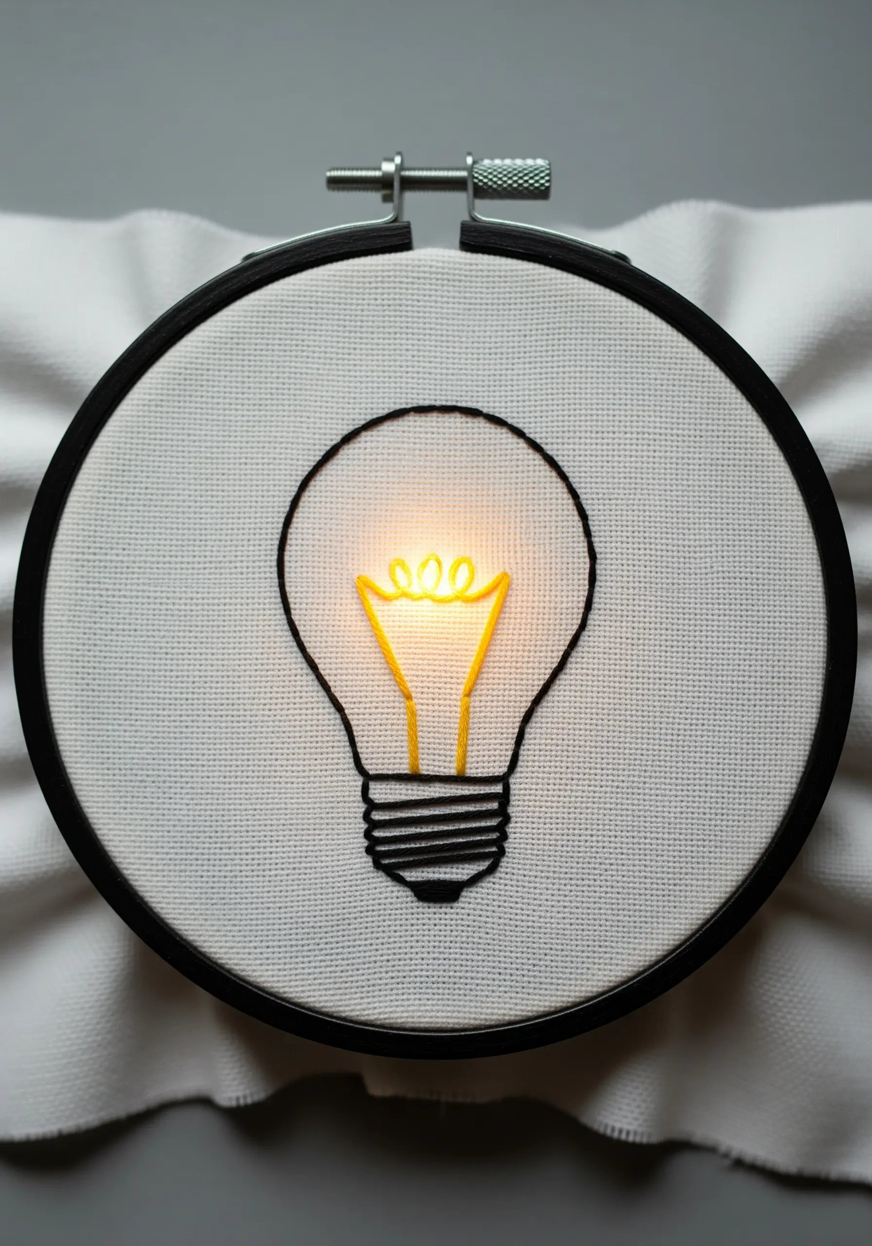 Embroidered lightbulb with a bright yellow filament that appears to glow.