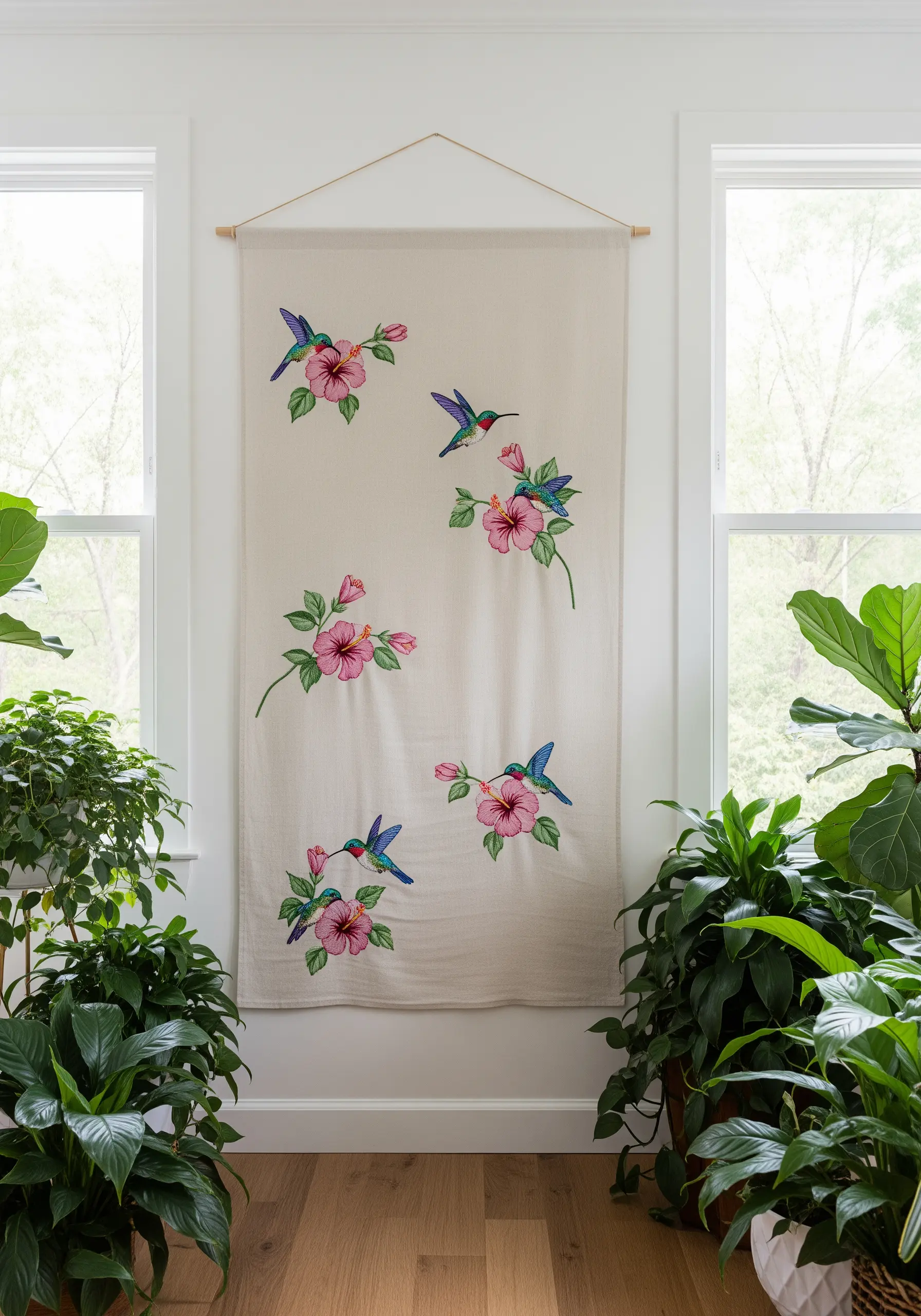 A linen wall hanging with embroidered hummingbirds and hibiscus flowers scattered diagonally.
