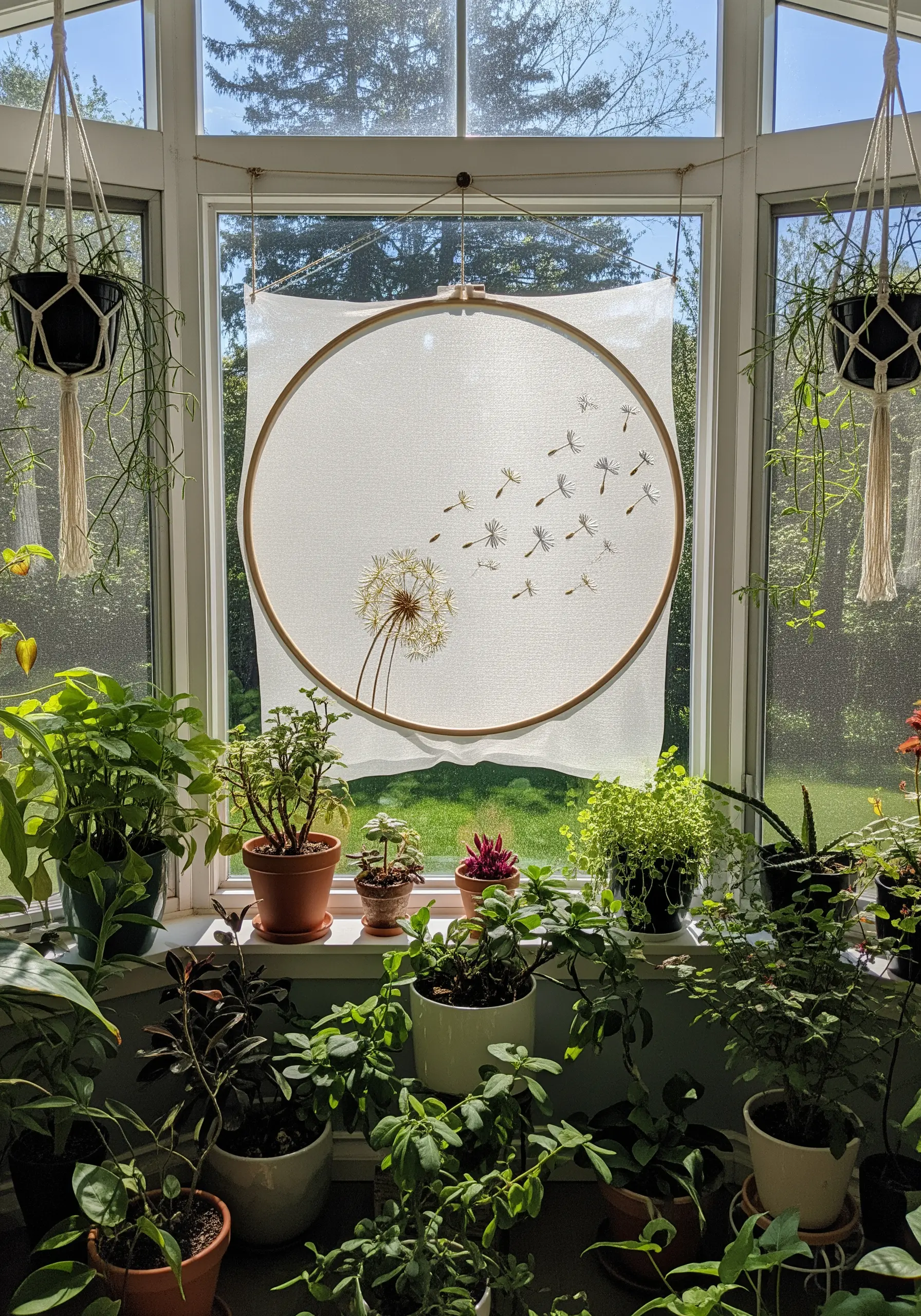 Dandelion seeds blowing in the wind, embroidered on sheer fabric in a hoop.