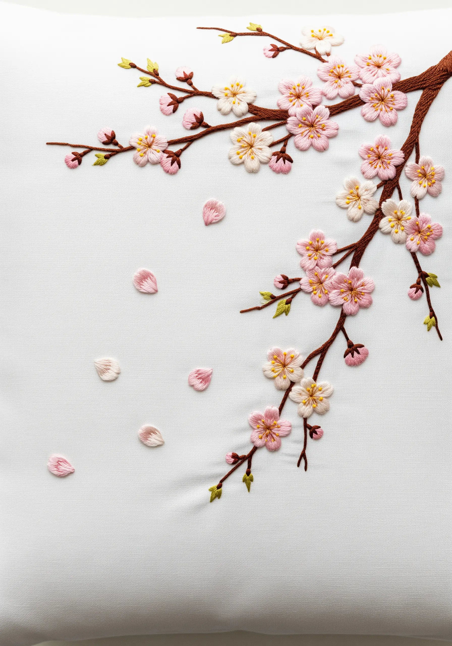 Embroidered cherry blossom branch with pink and white flowers and falling petals.