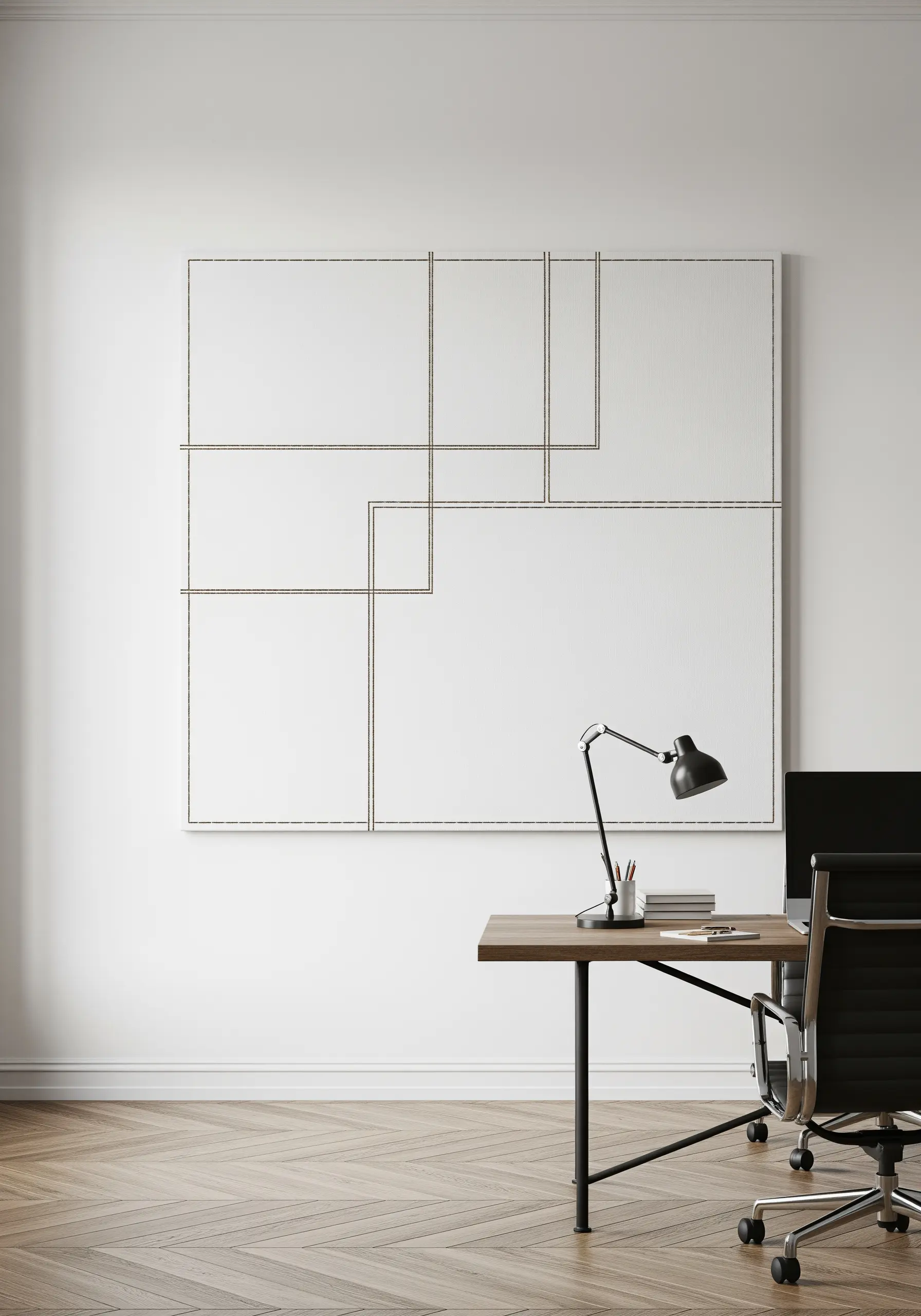 A large white canvas with a minimalist architectural grid stitched in dark metallic thread.