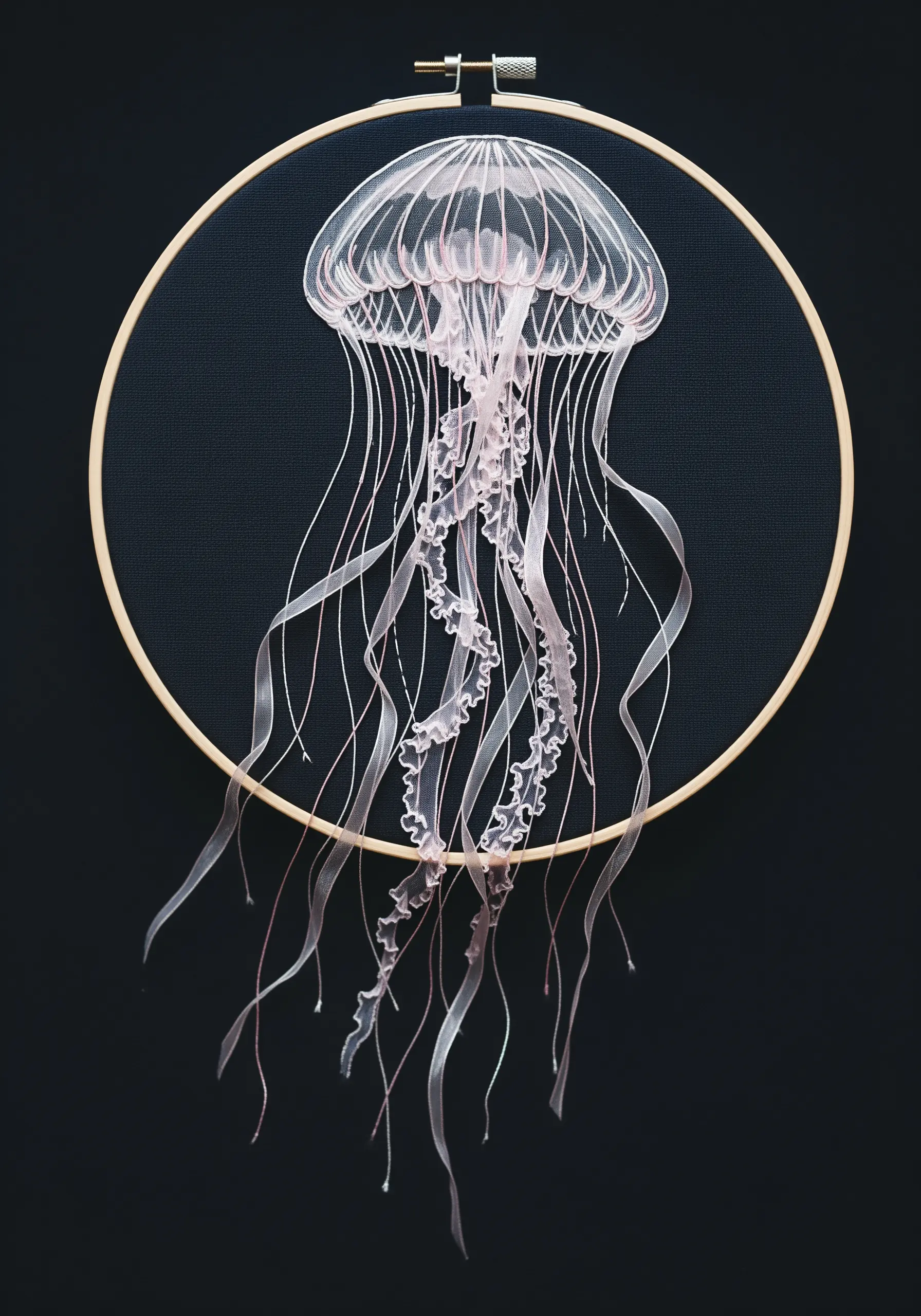 An ethereal jellyfish made from sheer pink organza and trailing ribbons on black fabric.