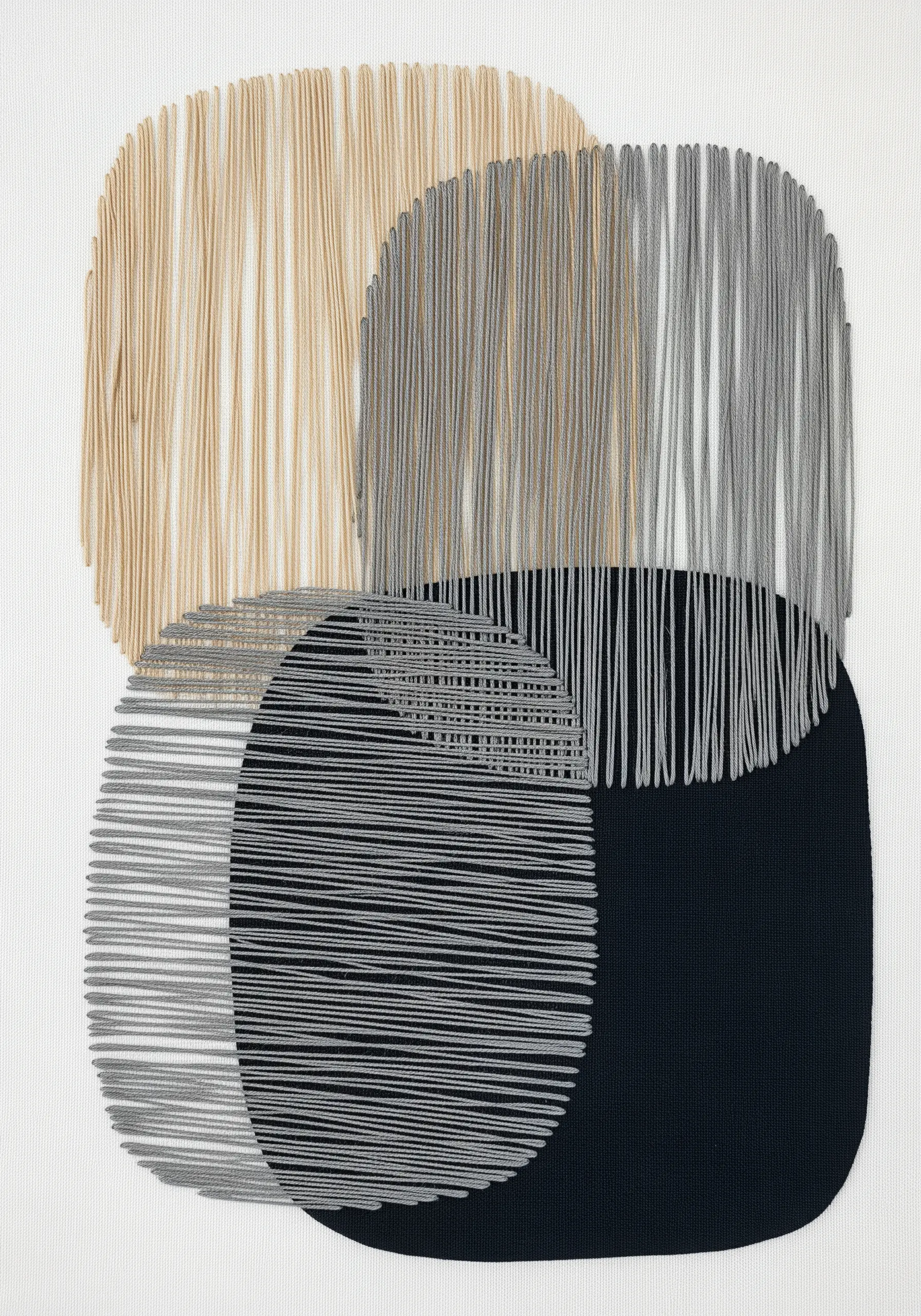 Four overlapping abstract shapes filled with vertical stitches in neutral, translucent tones.