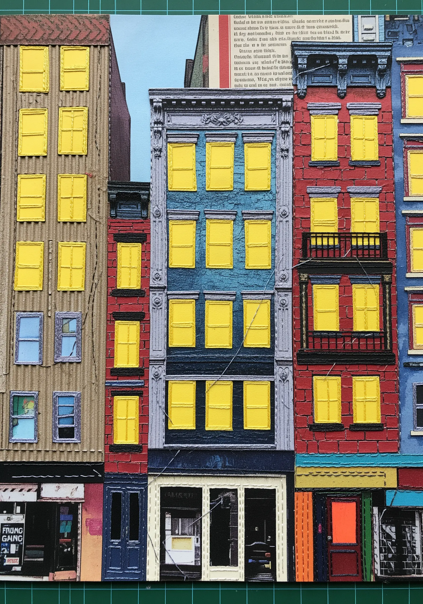 A dense collage of colorful city buildings with subtle straight stitches representing power lines.