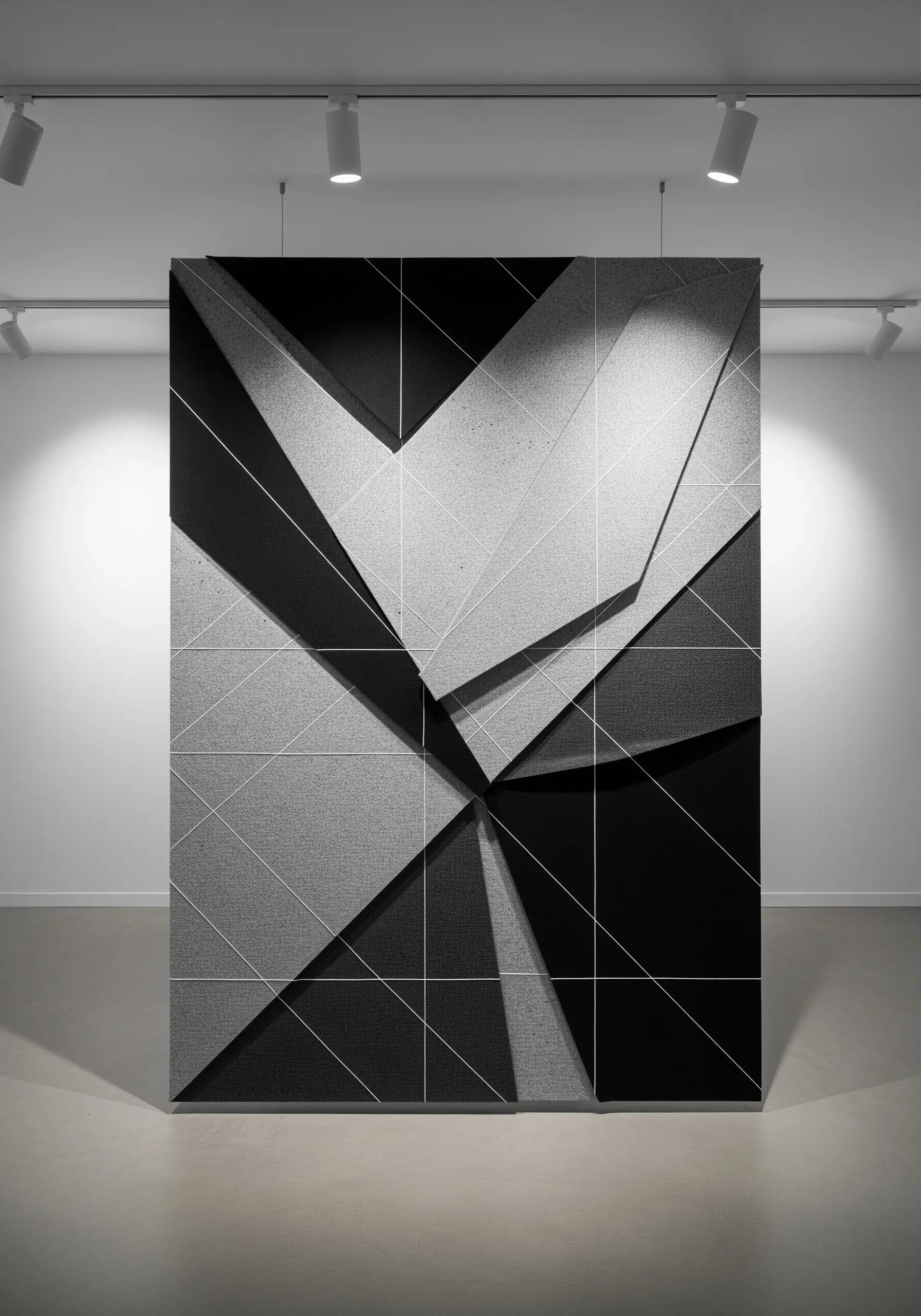 An architectural, monochromatic fabric collage overlaid with a precise grid of white thread.