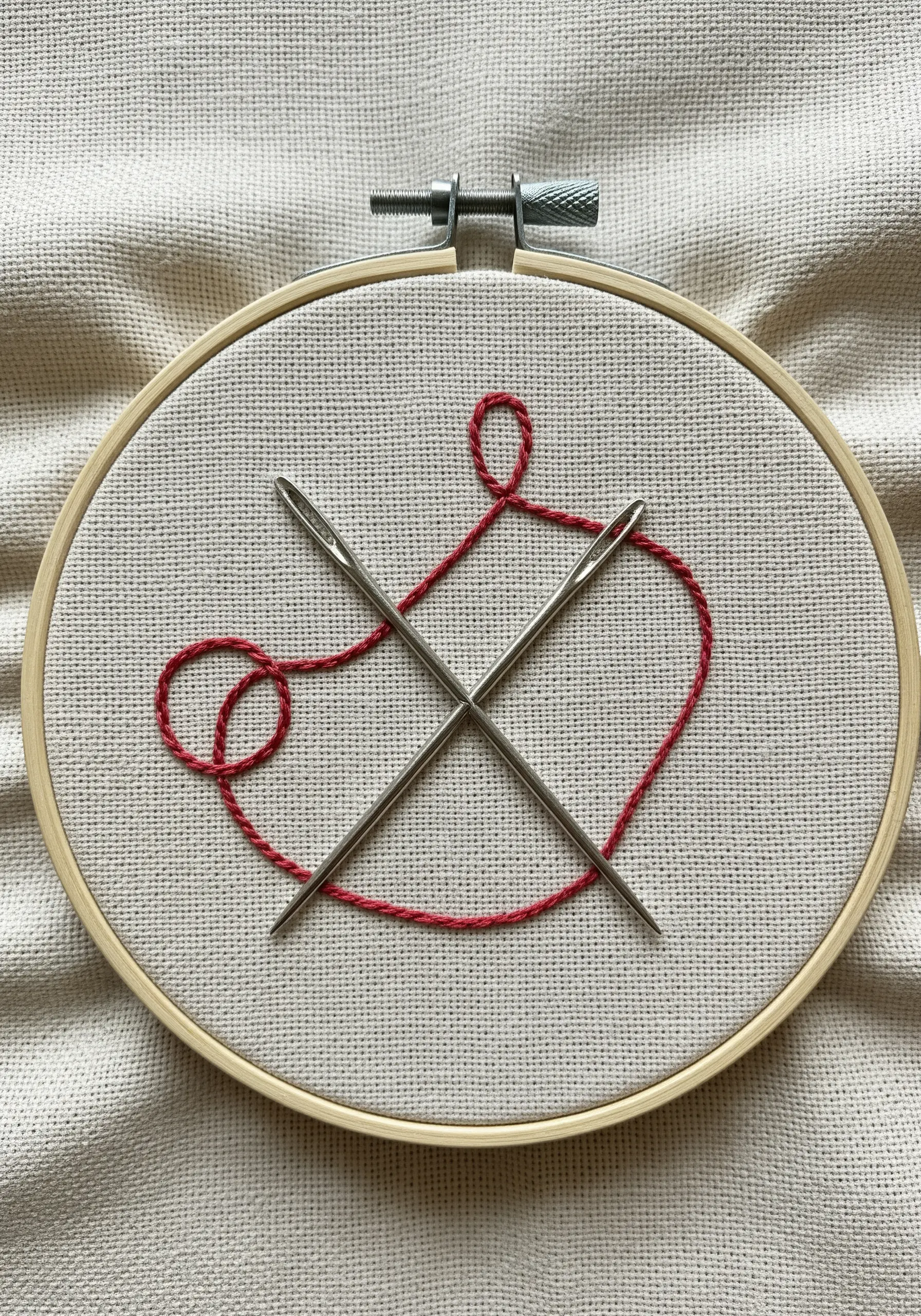 A conceptual embroidery design featuring two real needles crossed over a stitched red thread.