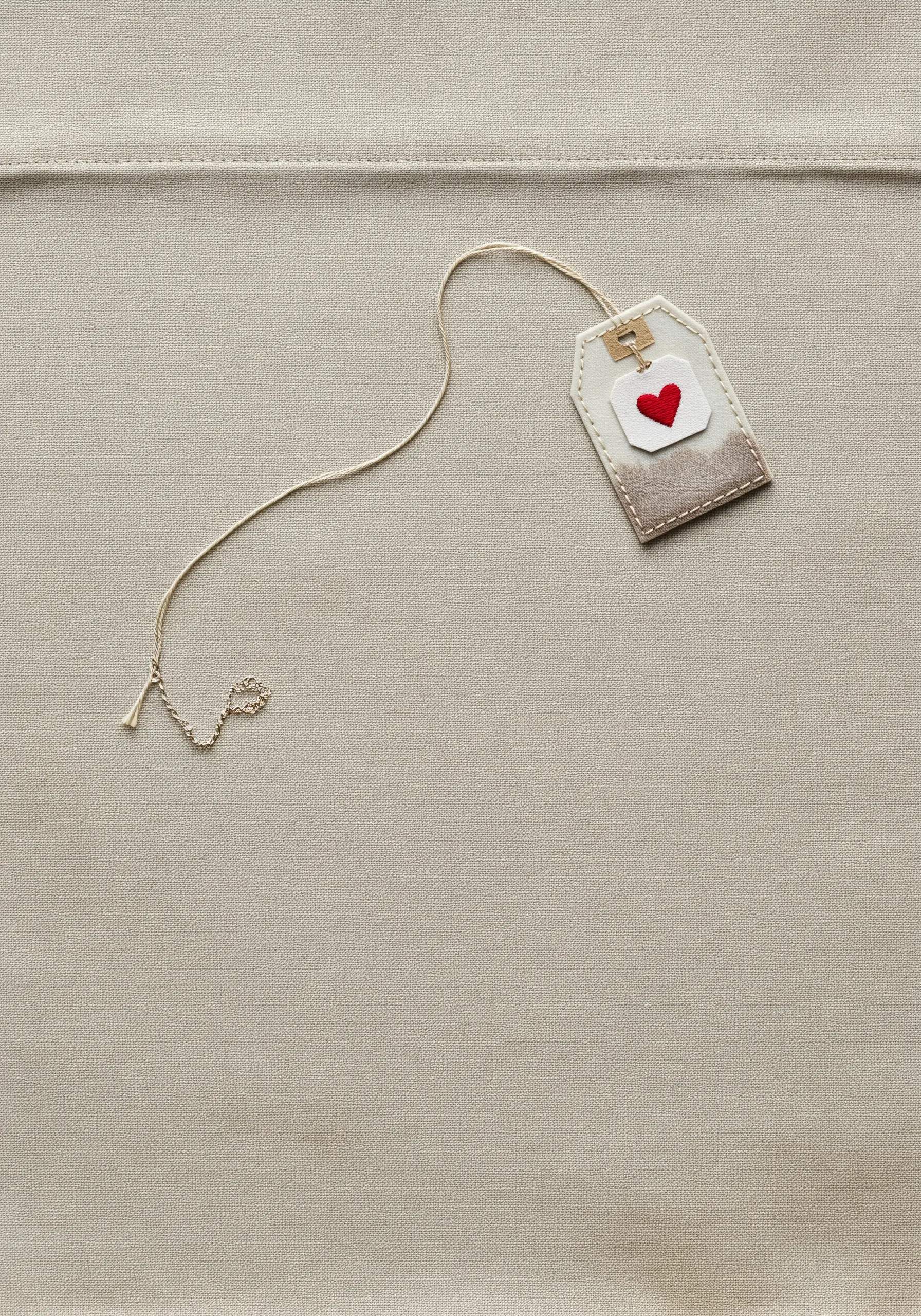 An appliqué tea bag with an embroidered red heart and a delicate chain string.