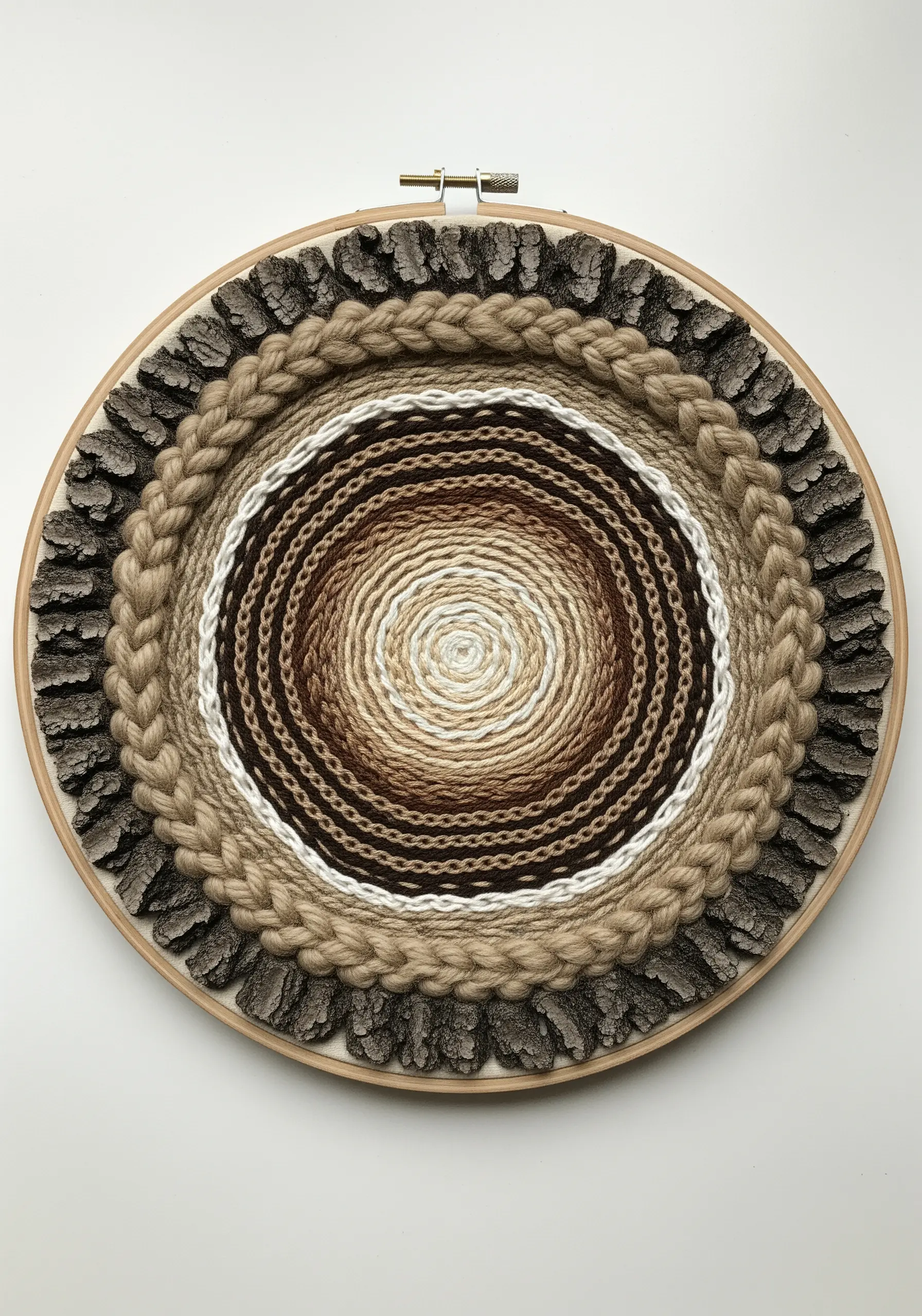 Circular weaving in a hoop with neutral-toned yarns, framed with pieces of tree bark.