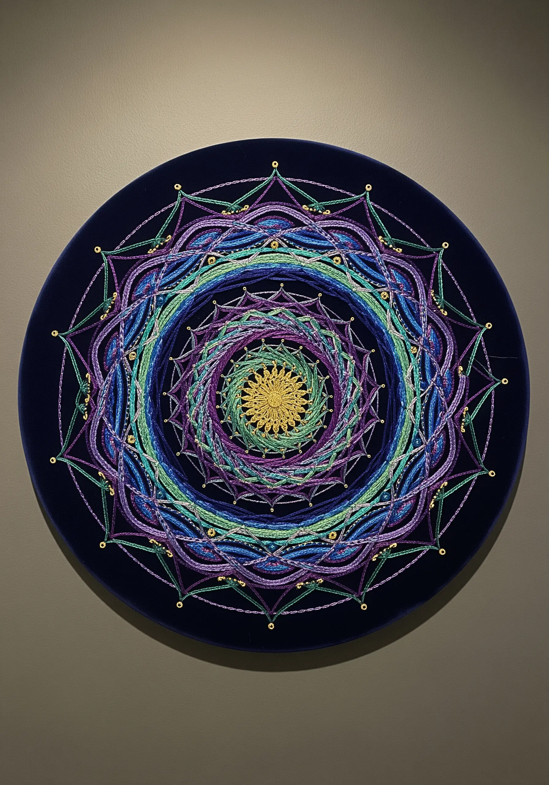A complex, symmetrical mandala embroidered in blue, green, and purple variegated thread on navy velvet.