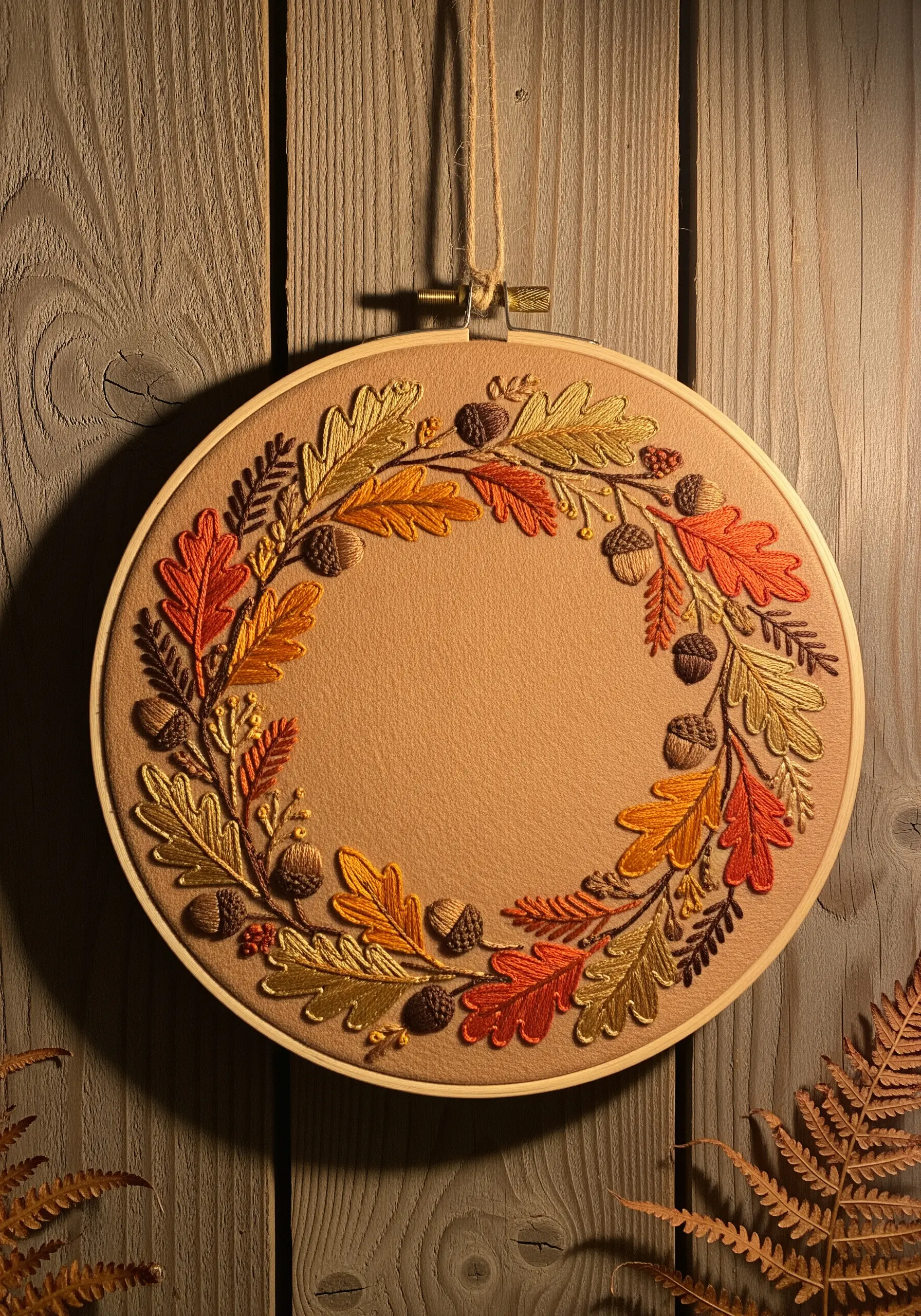 An autumn wreath embroidery with oak leaves in variegated reds and golds, plus brown acorns.