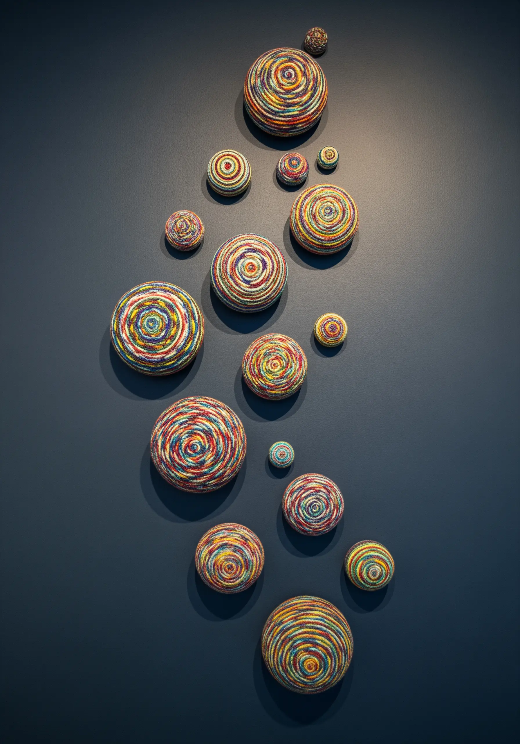 A wall installation of many different-sized spheres wrapped in colorful yarn, on a dark blue wall.