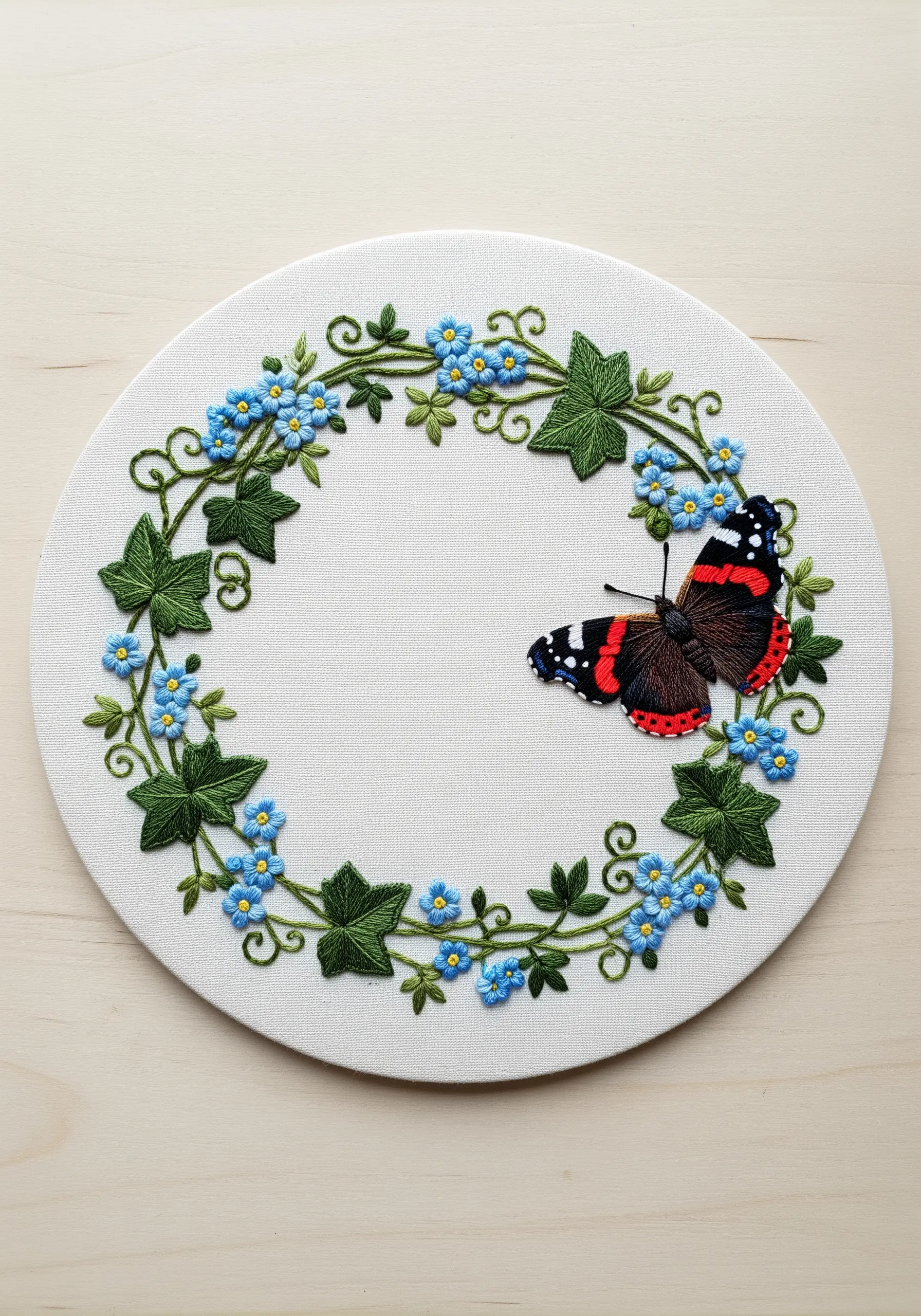 A Red Admiral butterfly resting on a delicate wreath of forget-me-nots and ivy leaves.