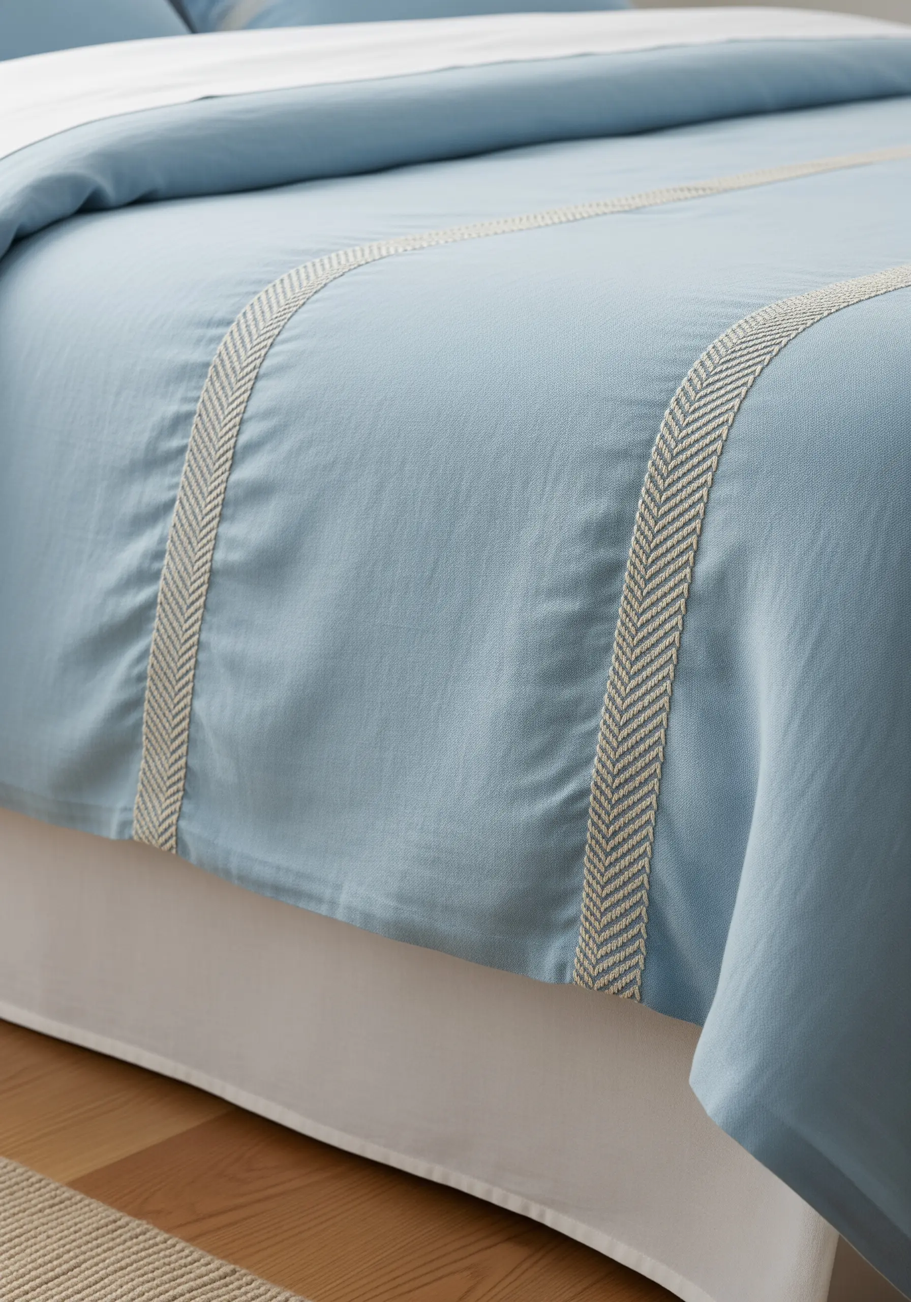 Close-up of a blue duvet cover with strips of beige and white herringbone trim sewn on.
