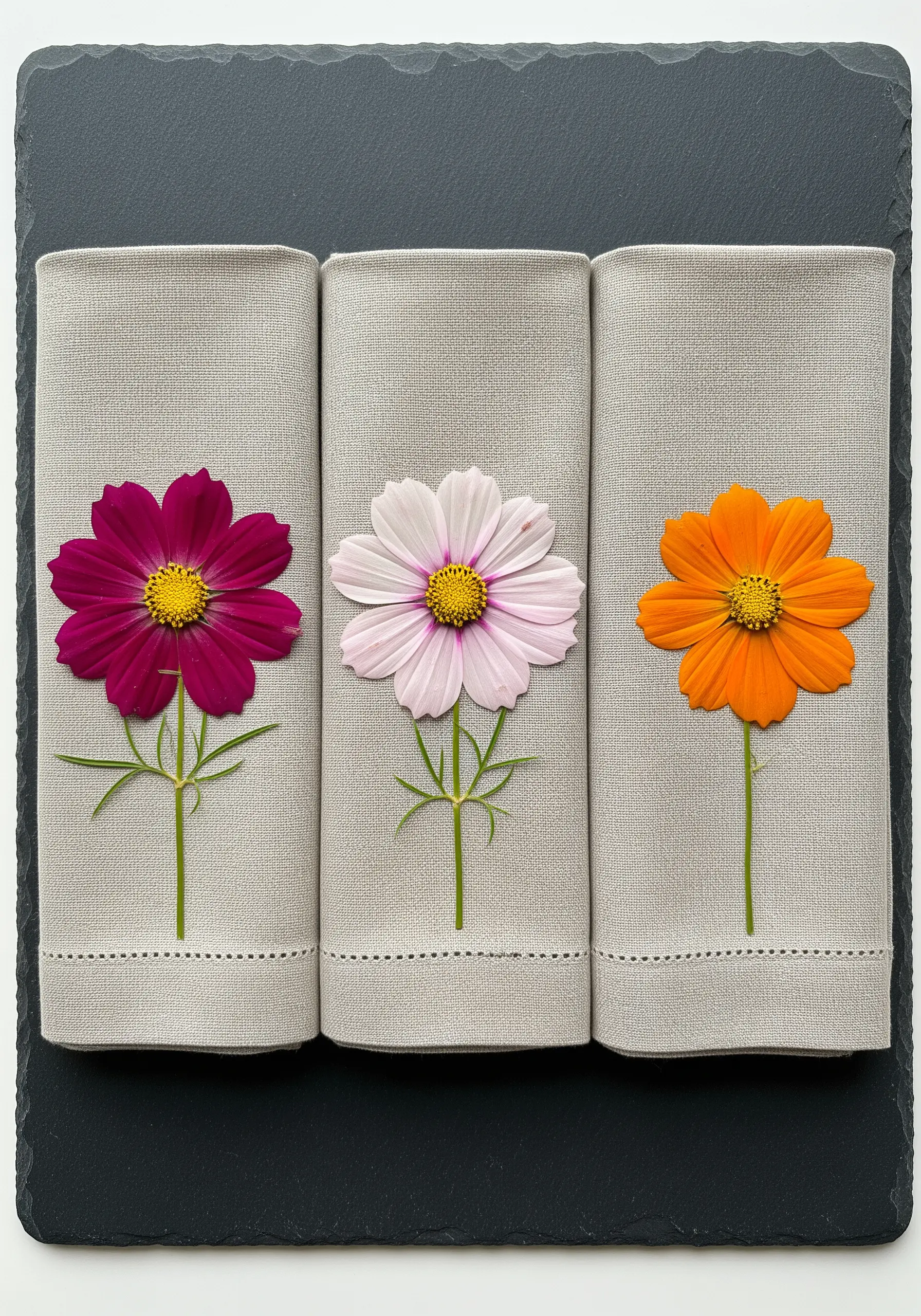 Three linen napkins, each featuring a real pressed cosmos flower connected to an embroidered stem.