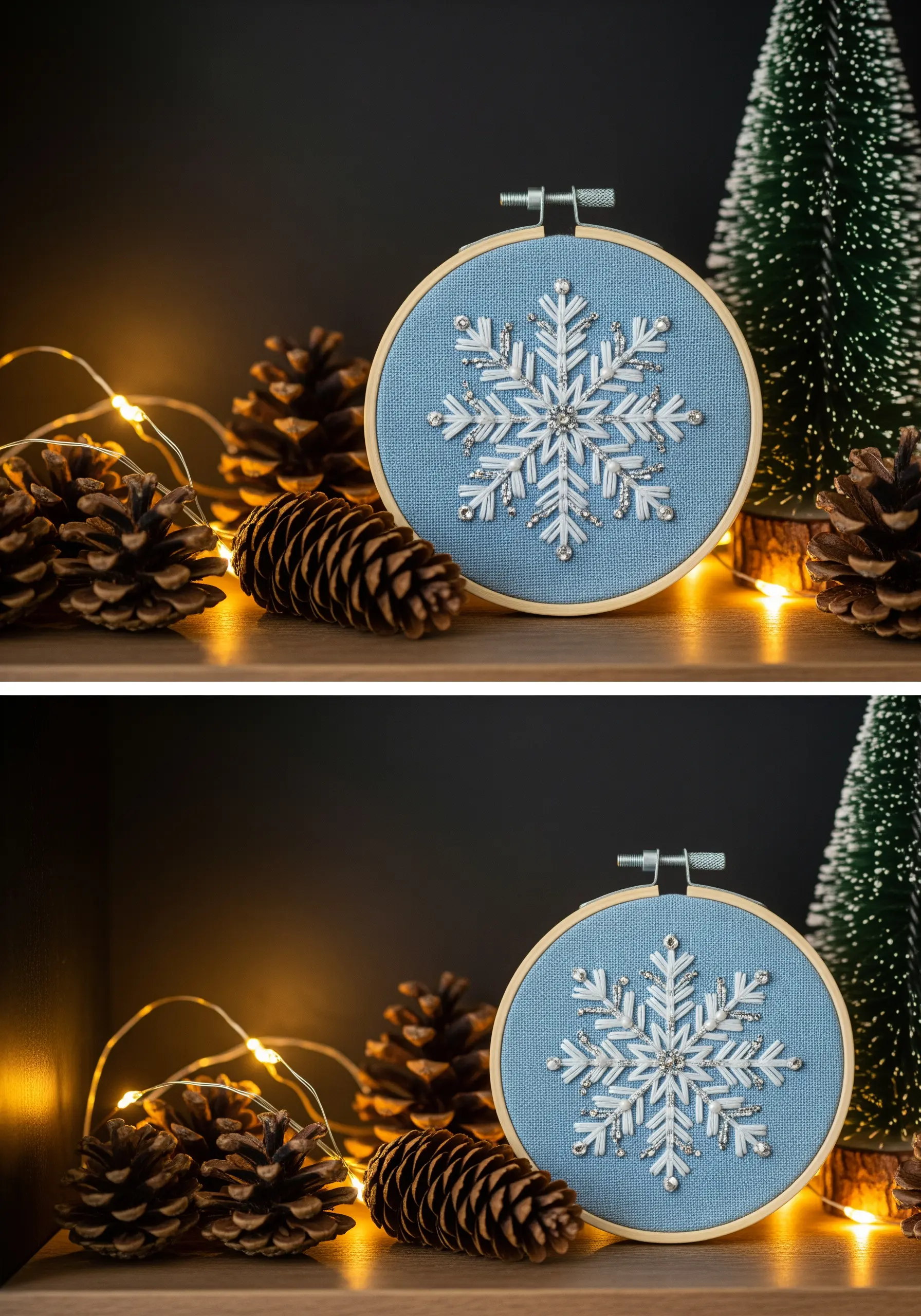 A delicate snowflake embroidered with white thread and accented with silver seed beads.