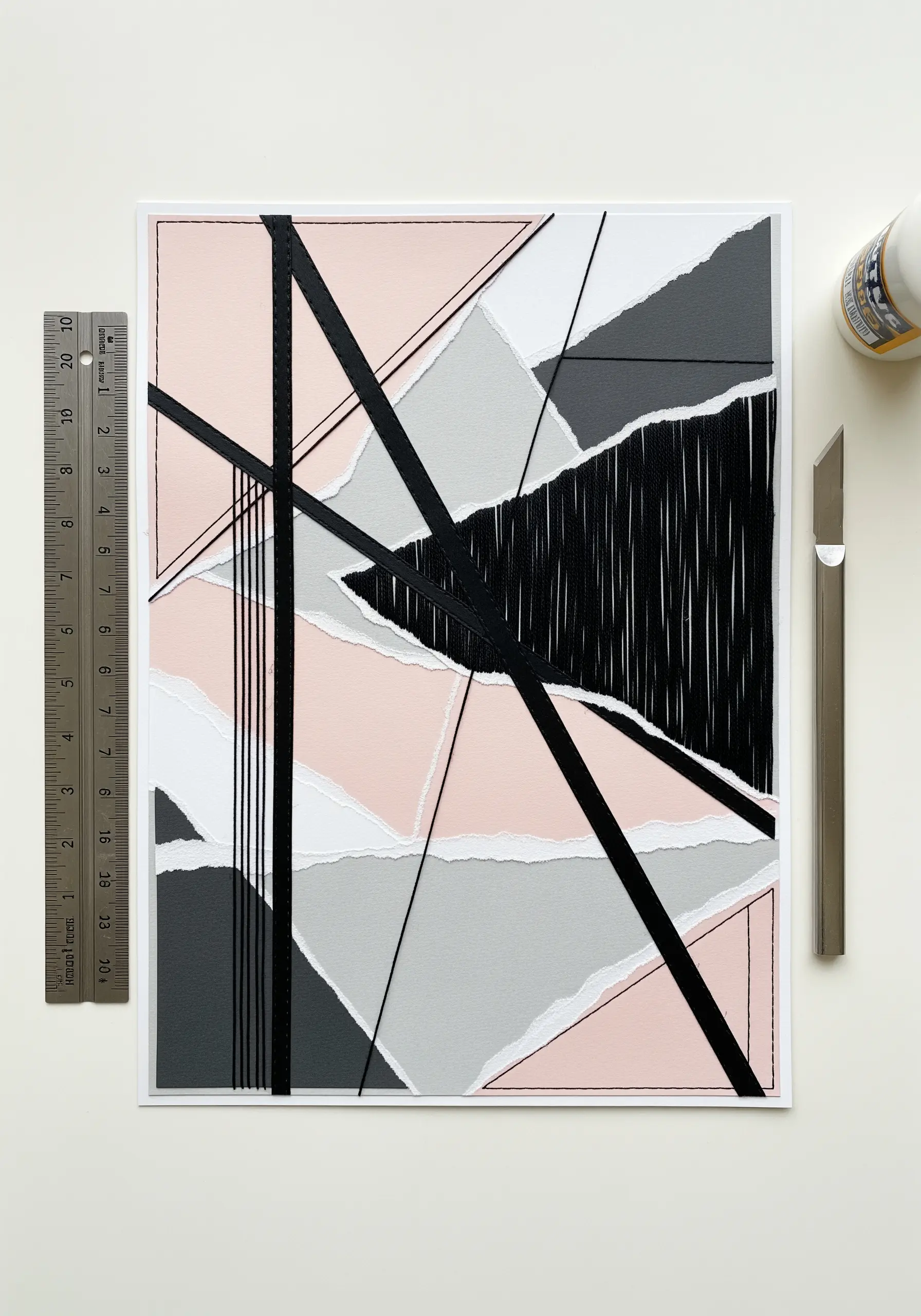 Abstract geometric collage in pink, grey, and black with intersecting black stitched lines.