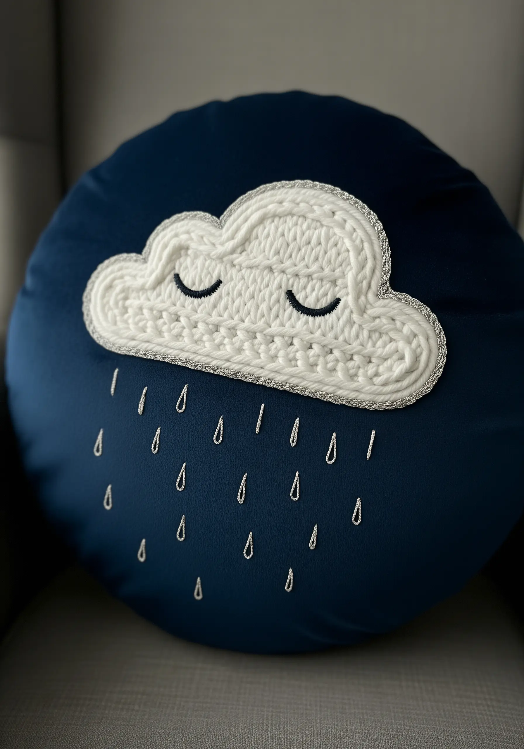Crocheted cloud appliqué with a silver cord outline on a dark blue cushion.