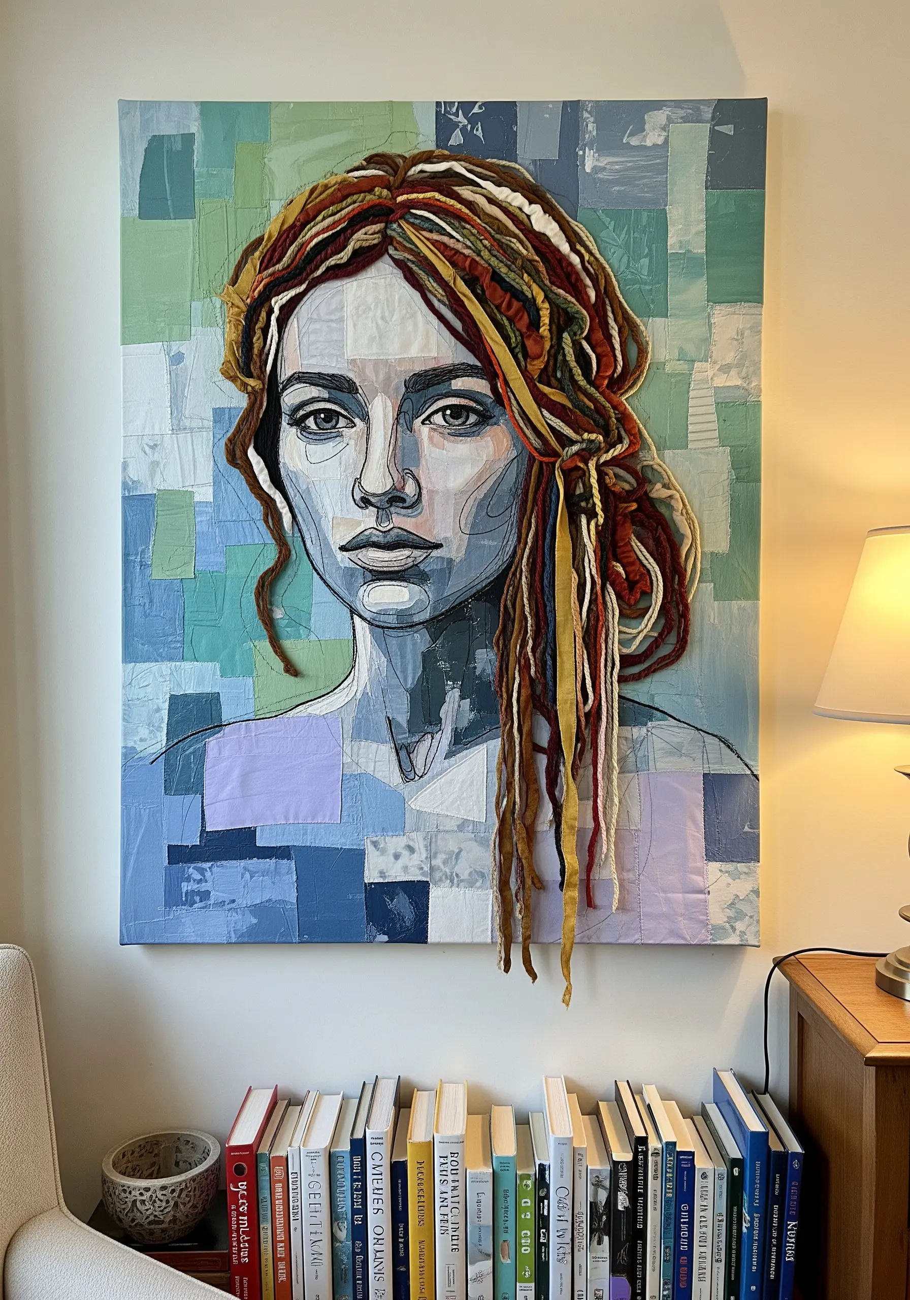 Mixed-media portrait with a fabric collage face and dimensional hair made from yarn and roving.