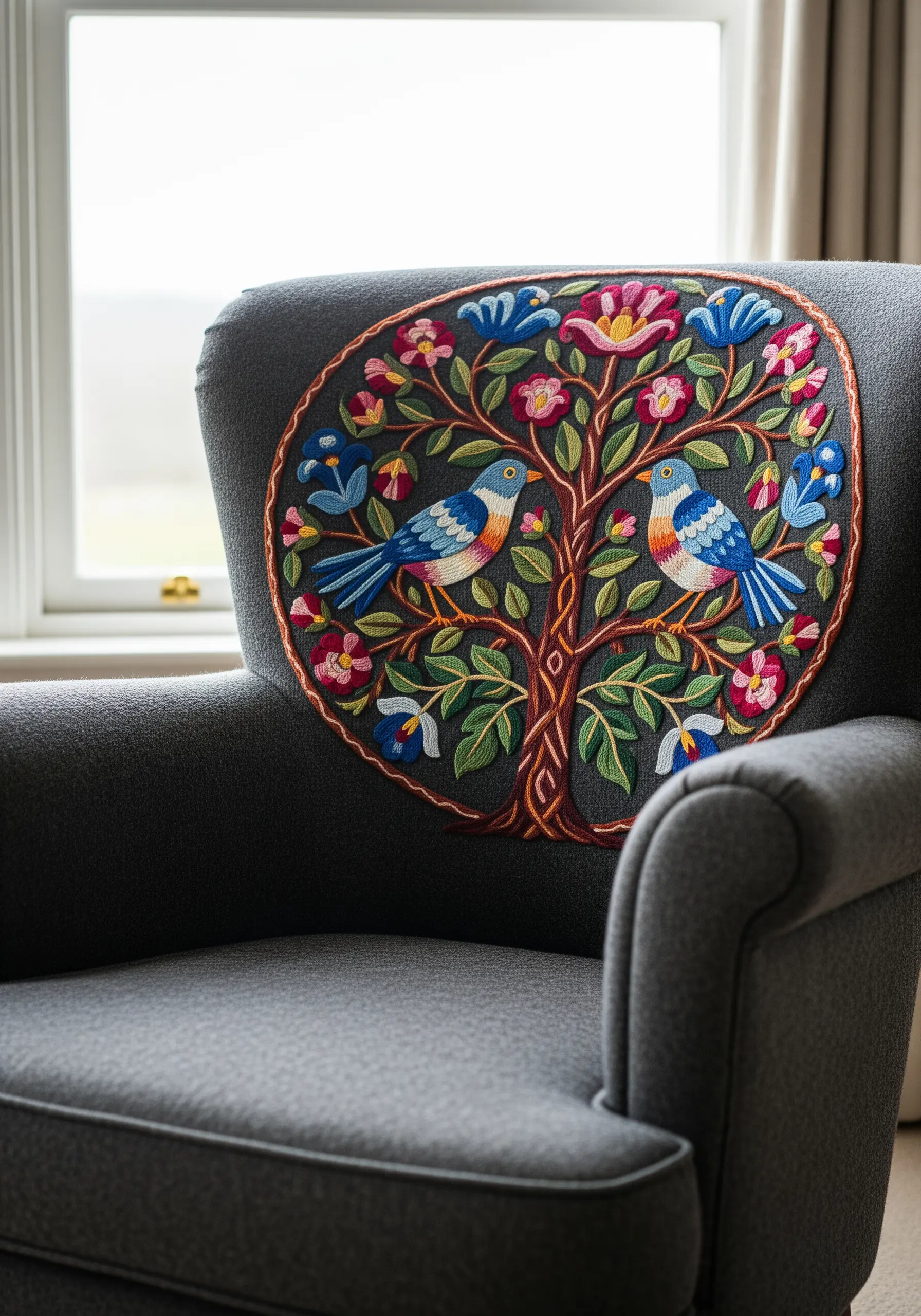 Intricate tree of life with birds and flowers embroidered directly onto a chair back.