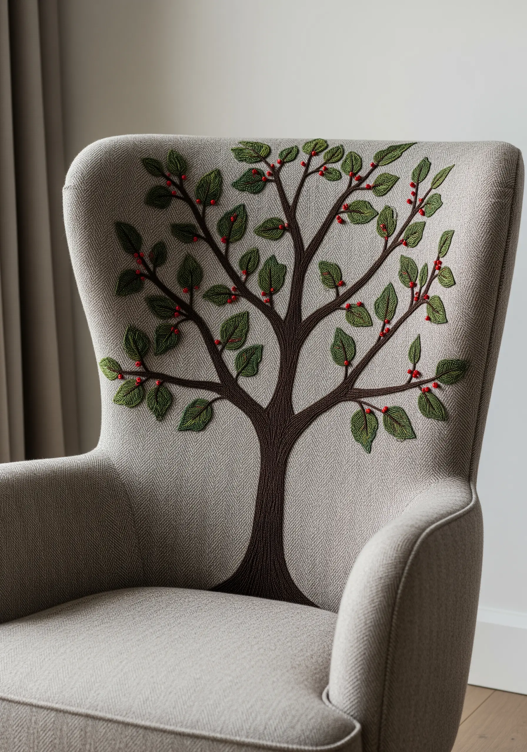A large tree with leaves and berries embroidered directly onto an armchair's backrest.