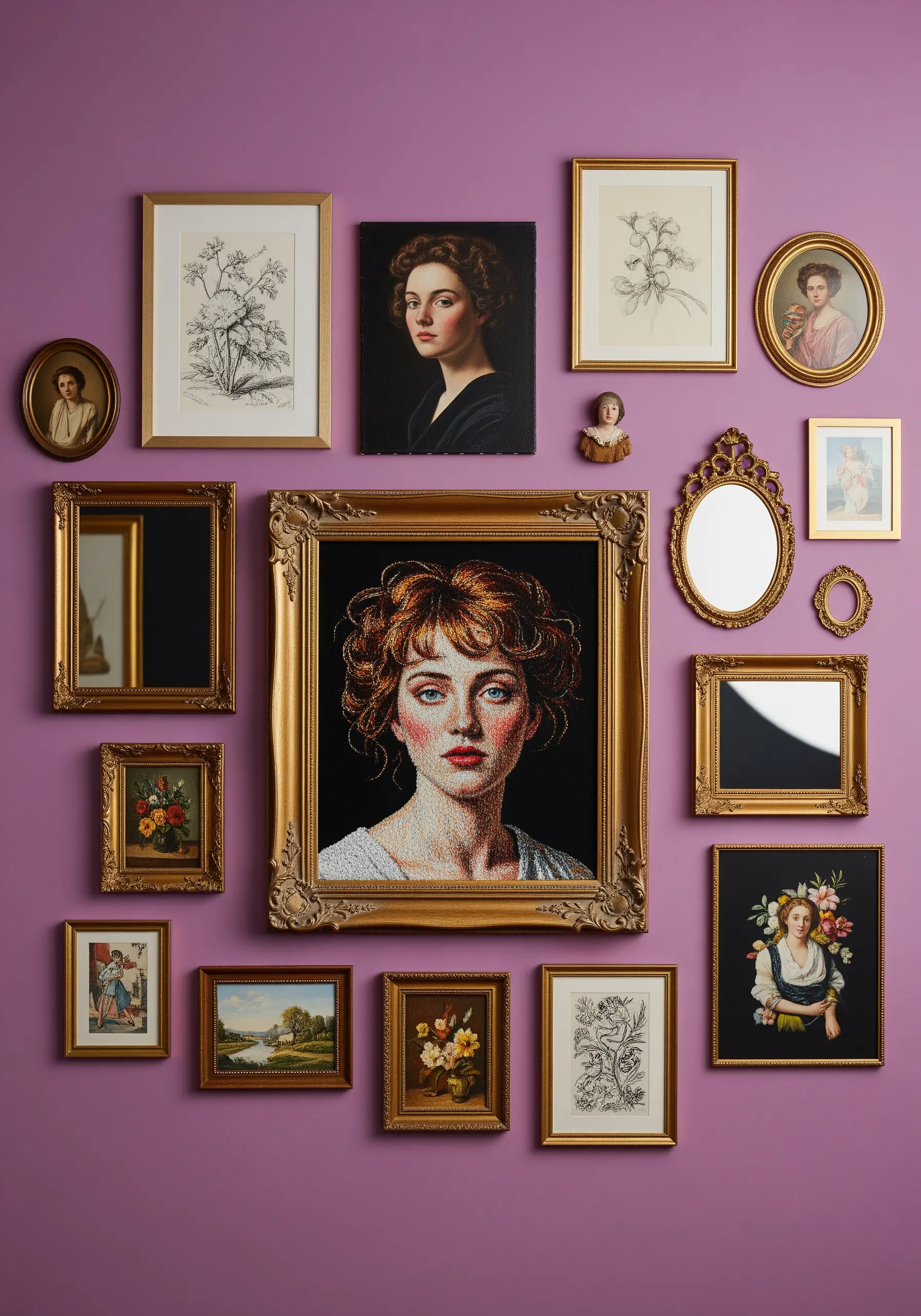 A gallery wall mixing framed embroidered portraits with traditional paintings and sketches.