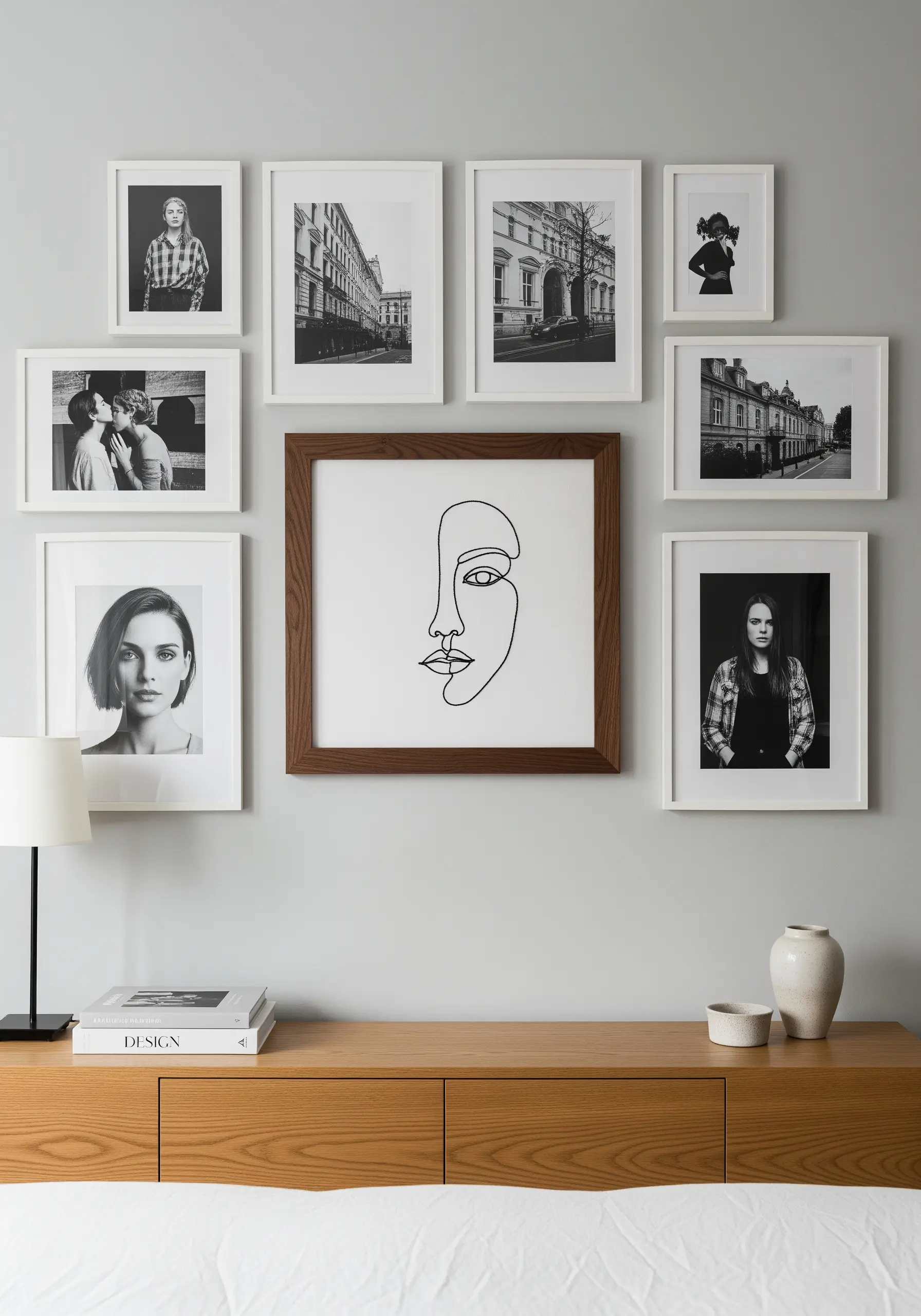A minimalist line-art face embroidered on white fabric, framed in wood within a gallery wall.