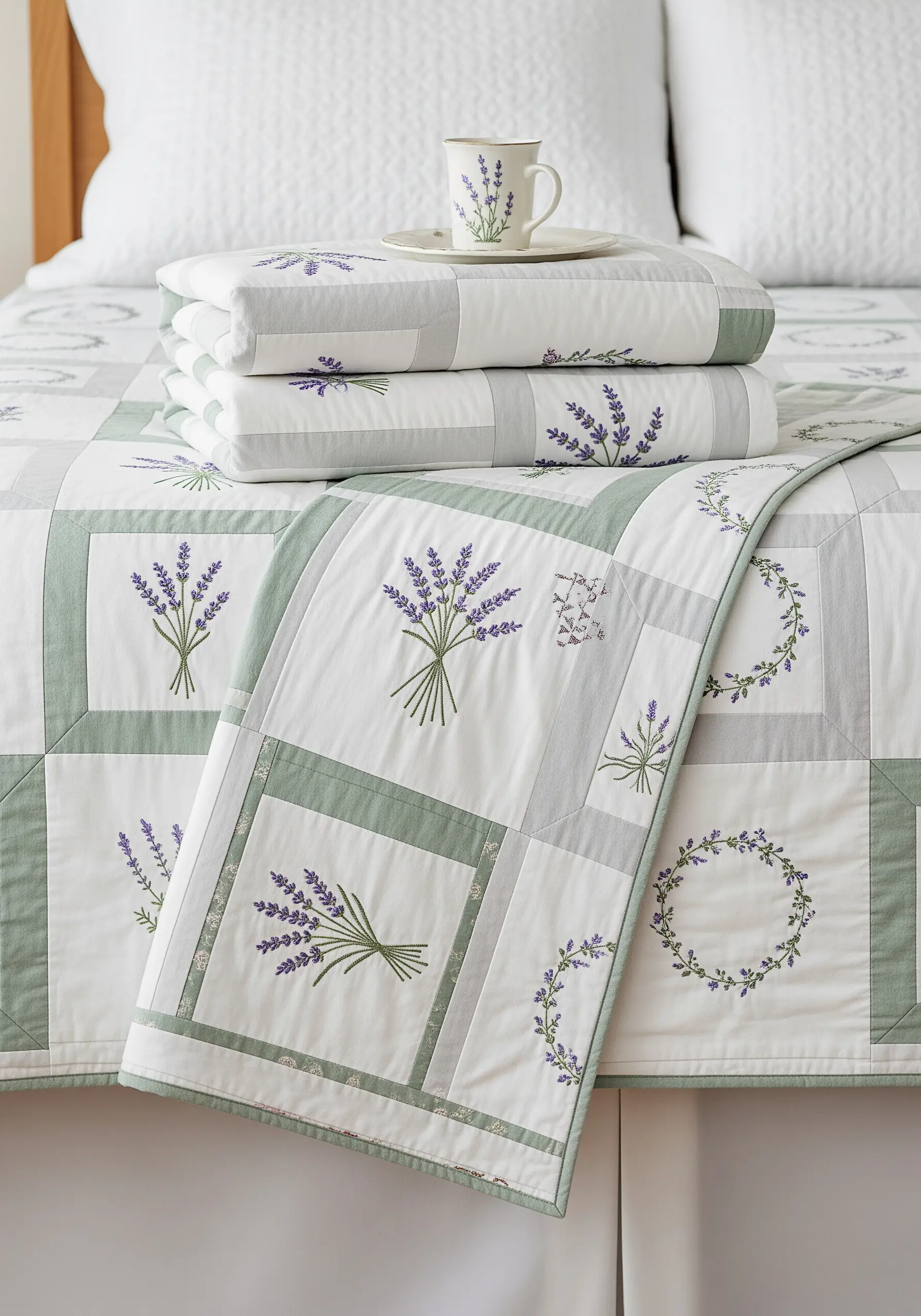 A modern patchwork quilt with squares embroidered with different lavender motifs.