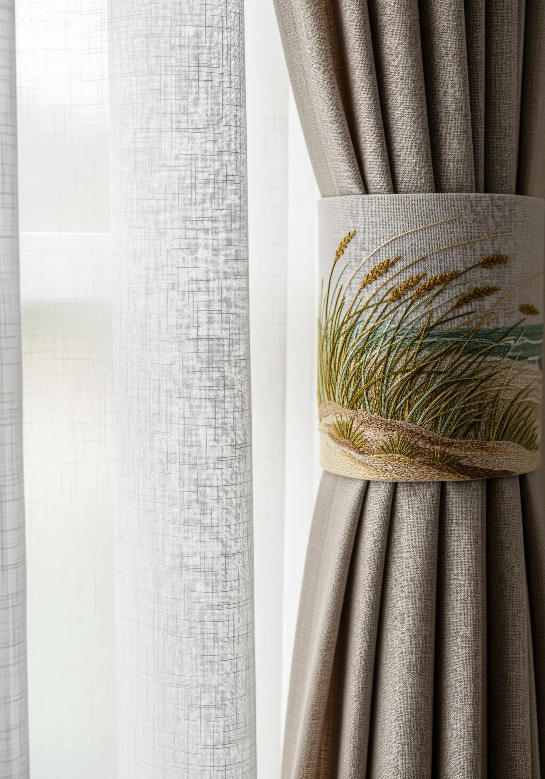 An embroidered curtain tie-back with a design of coastal dune grass.
