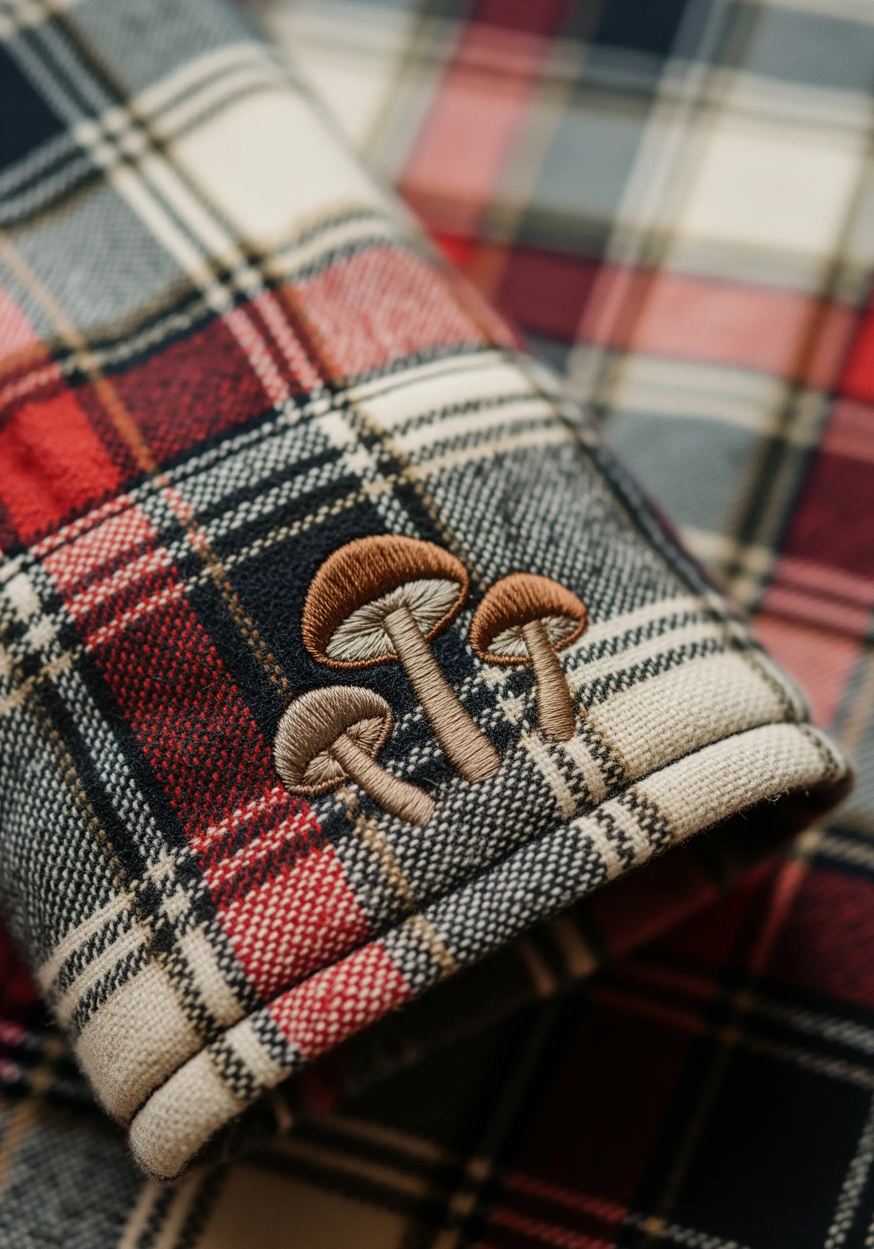 Three small mushrooms embroidered on the cuff of a red and black plaid shirt.