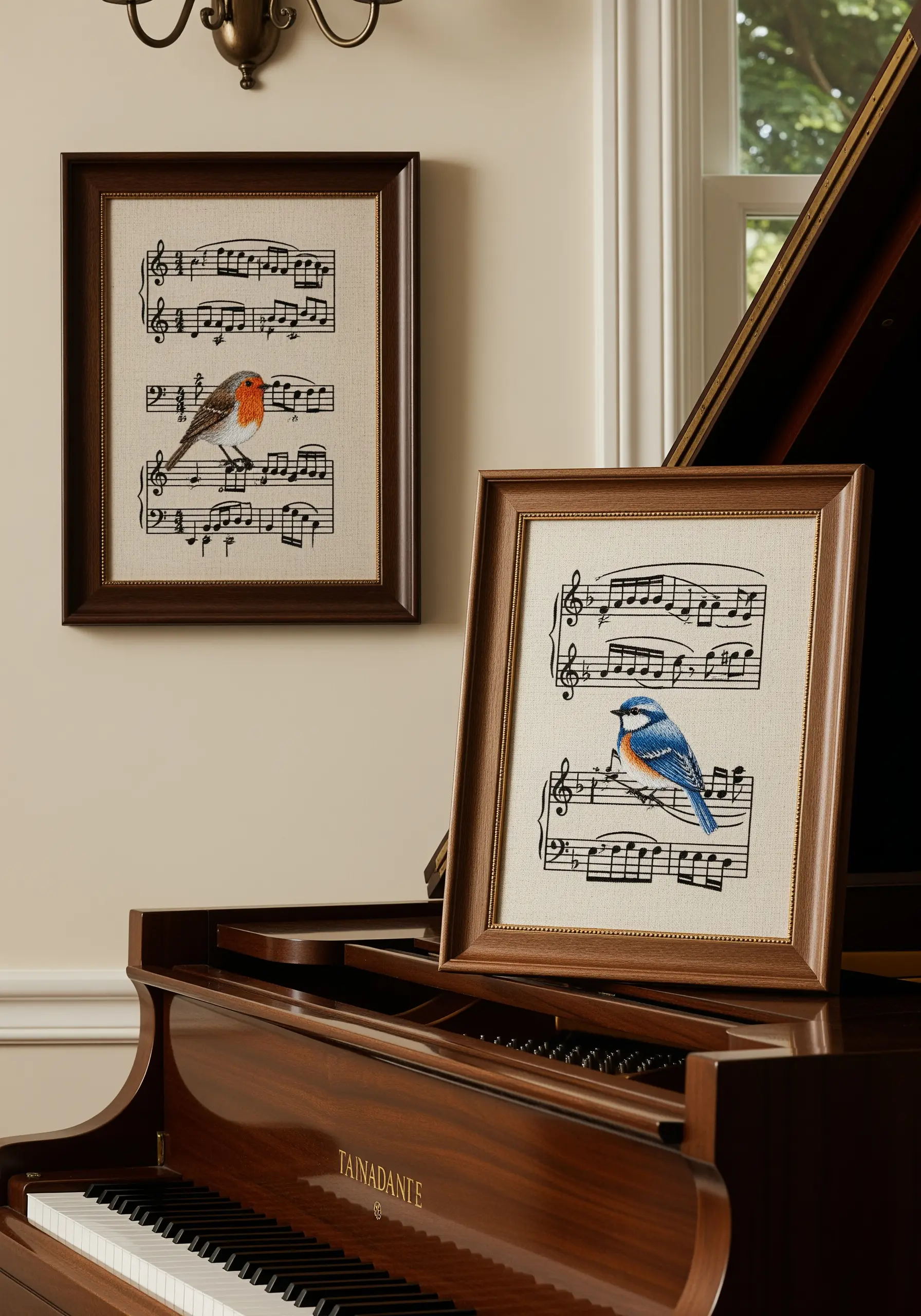 Two framed embroideries of birds stitched over printed sheet music, resting on a piano.