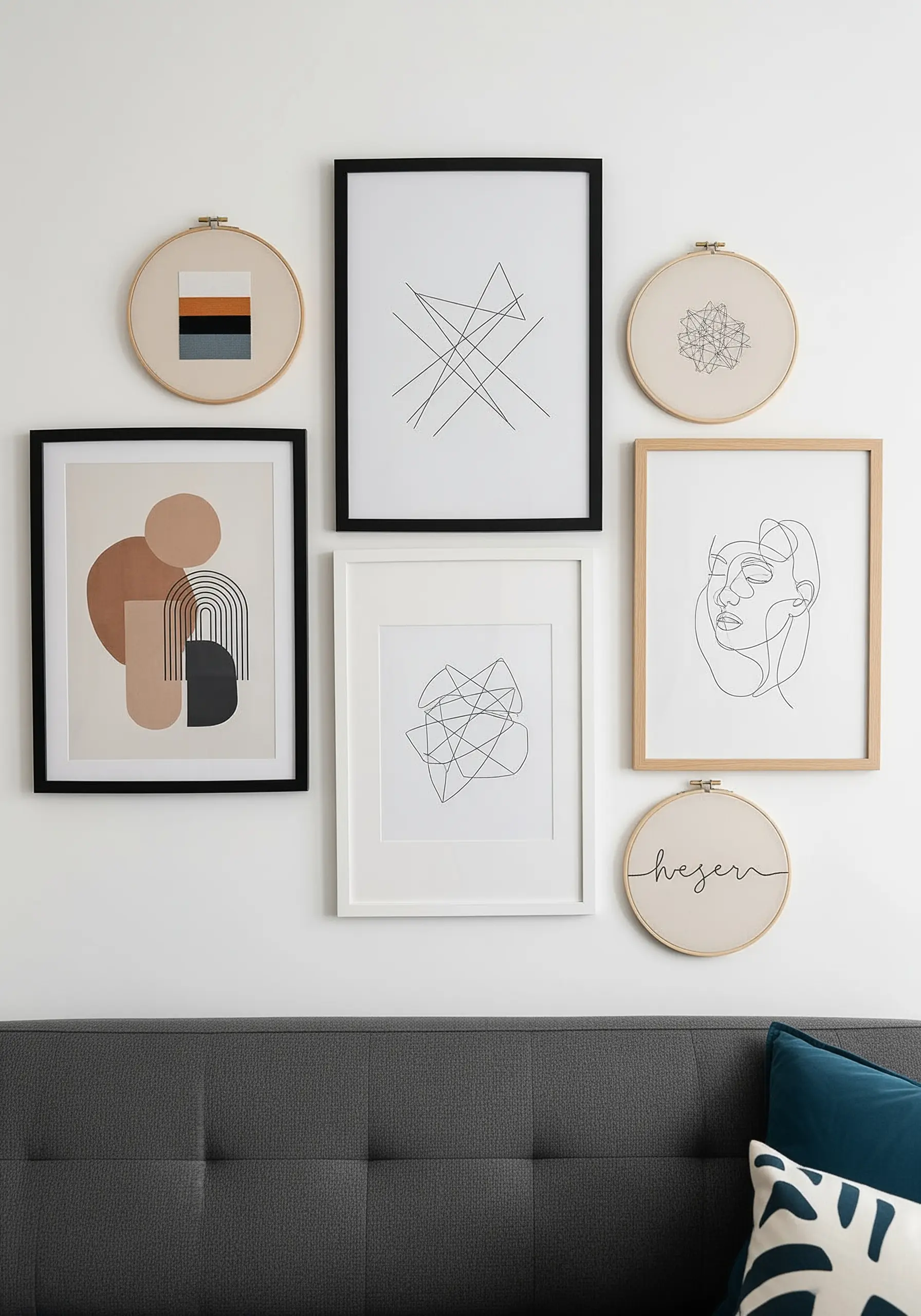 A gallery wall mixing framed prints with abstract and typographic embroidery hoops