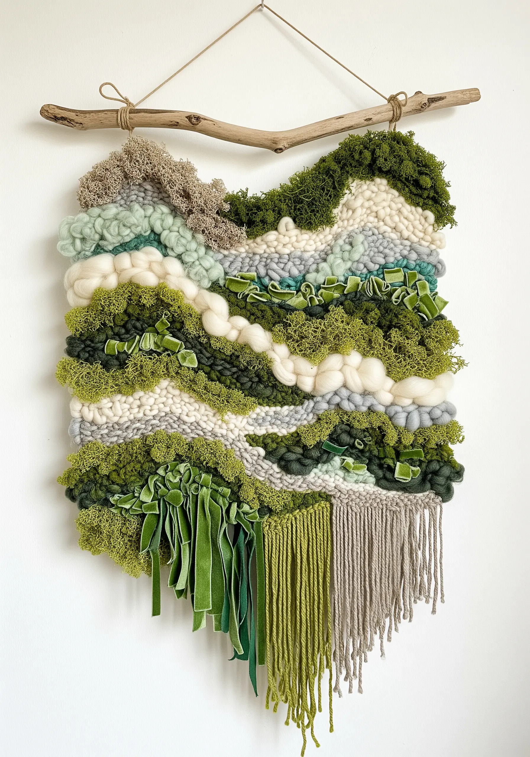 Woven wall hanging combining wool roving, preserved moss, and green velvet ribbon.