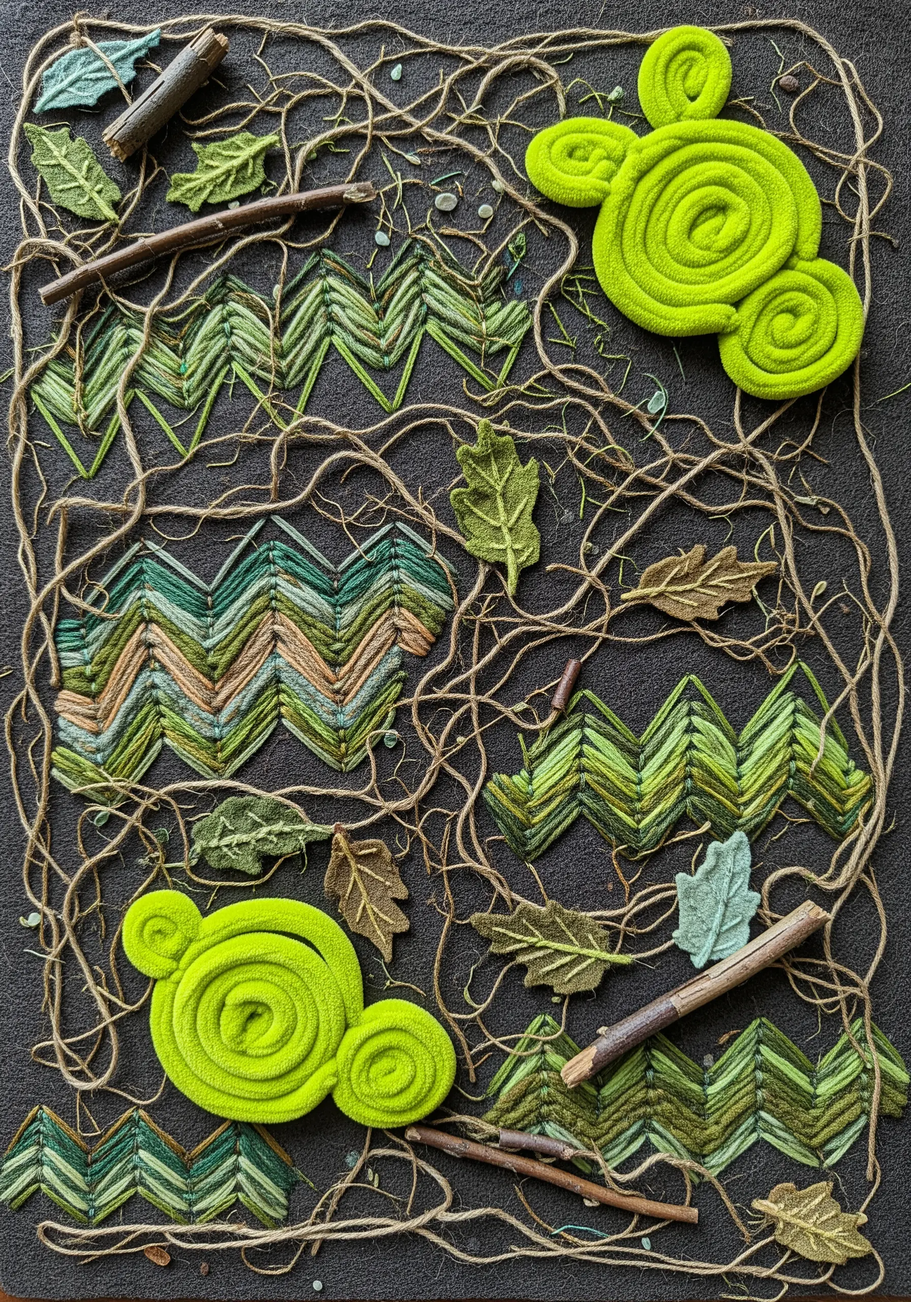 Mixed-media embroidery with green chevron stitches, felt leaves, twigs, and twine on a dark surface.