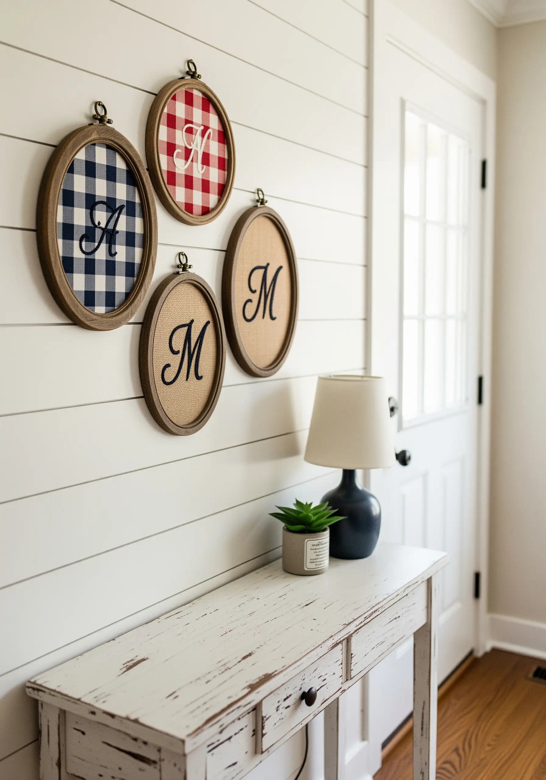 Four monograms in oval hoops, stitched on gingham and burlap fabrics.