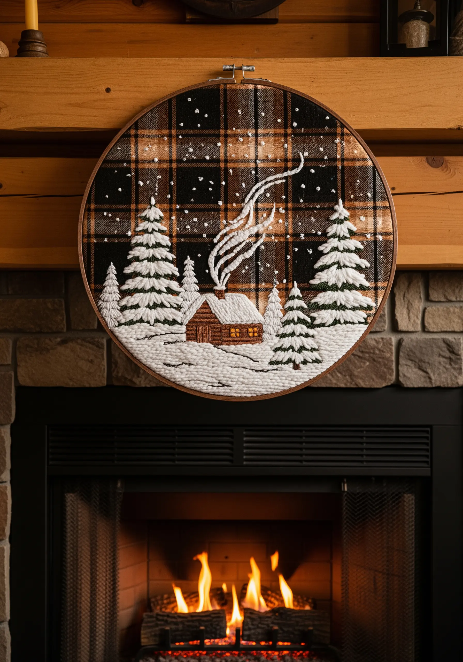 A winter cabin scene embroidered on plaid fabric, with fluffy snow-covered trees.