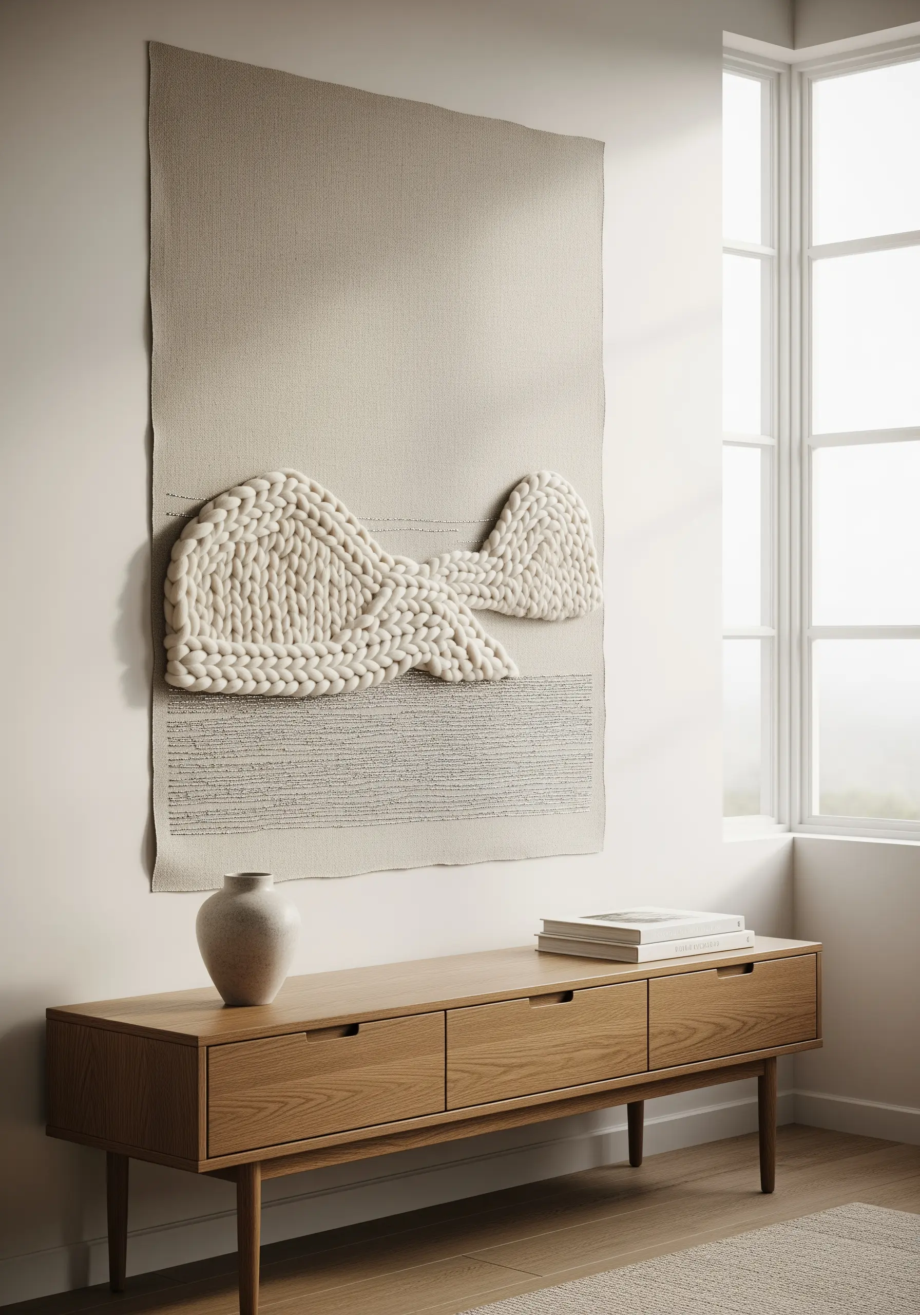 A large-scale minimalist wall tapestry with a chunky white knitted bow shape on neutral linen canvas.